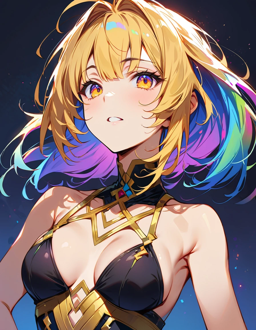 NSFW,((masterpiece,Highest quality,4K)),score_9, score_8_superior, score_7_superior,anime, anime,Rainbow Hair,Wearing a black and gold dress,animeの女の子、Blue background, krenz cushart and ArtJam, 美しく魅力的なanimeの女性, ArtJam style, Yoshika Amano Karol Baq, ArtJam detailed, style ivan talavera and ArtJam, Beautiful cartoon art, ArtJam. Attention to detail, ArtJam comic