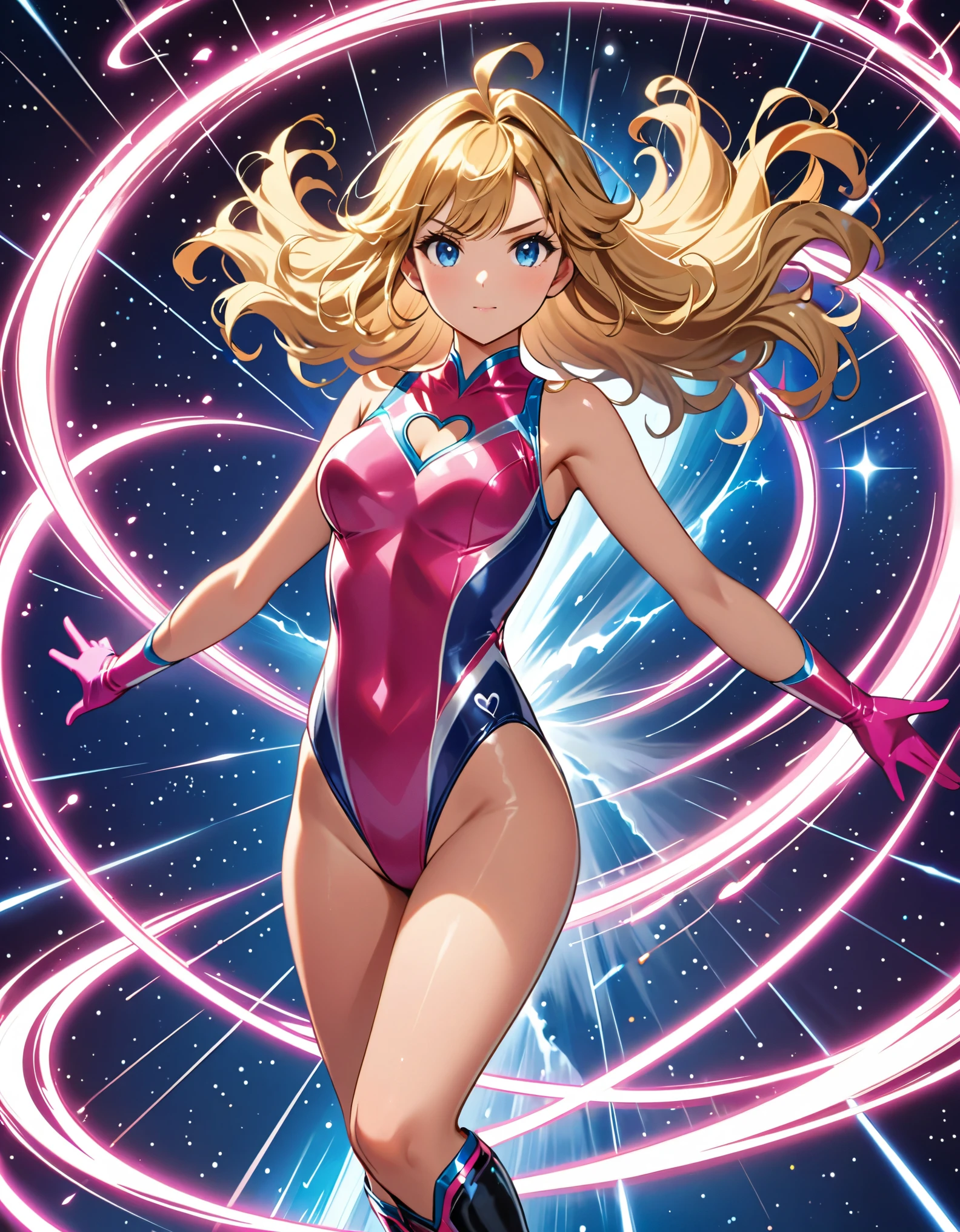 (masterpiece), (best quality), (high res), 1girl, solo, solo focus, superhero, gymnast leotard, competition swimsuit, bare legs, matching boots, sleeveless, looking at viewer, perfect hands, perfect eyes, perfect leotard, perfect legs, perfect arms, perfect fingers, medium breasts, pink leotard, (blonde hair), long hair, knee boots, blue eyes, ((heart cutout)), cute face, hair down, bangs, ahoge, sleeveless, pink gloves, pink footwear, (cleavage cutout, serious, full body with costume, cowboy shot, space backdrop. (T-pose, legs together). (spins fast in place like a tornado, whirls fast in place like a tornado, tornado whirling, spiral lines around her, spinning energy pulse around her, storm winds around her, whirls into a tornado, (she whirls) in (super speeds)). full body costume design. curved sword slash. she super-spins. time travel, time warp.