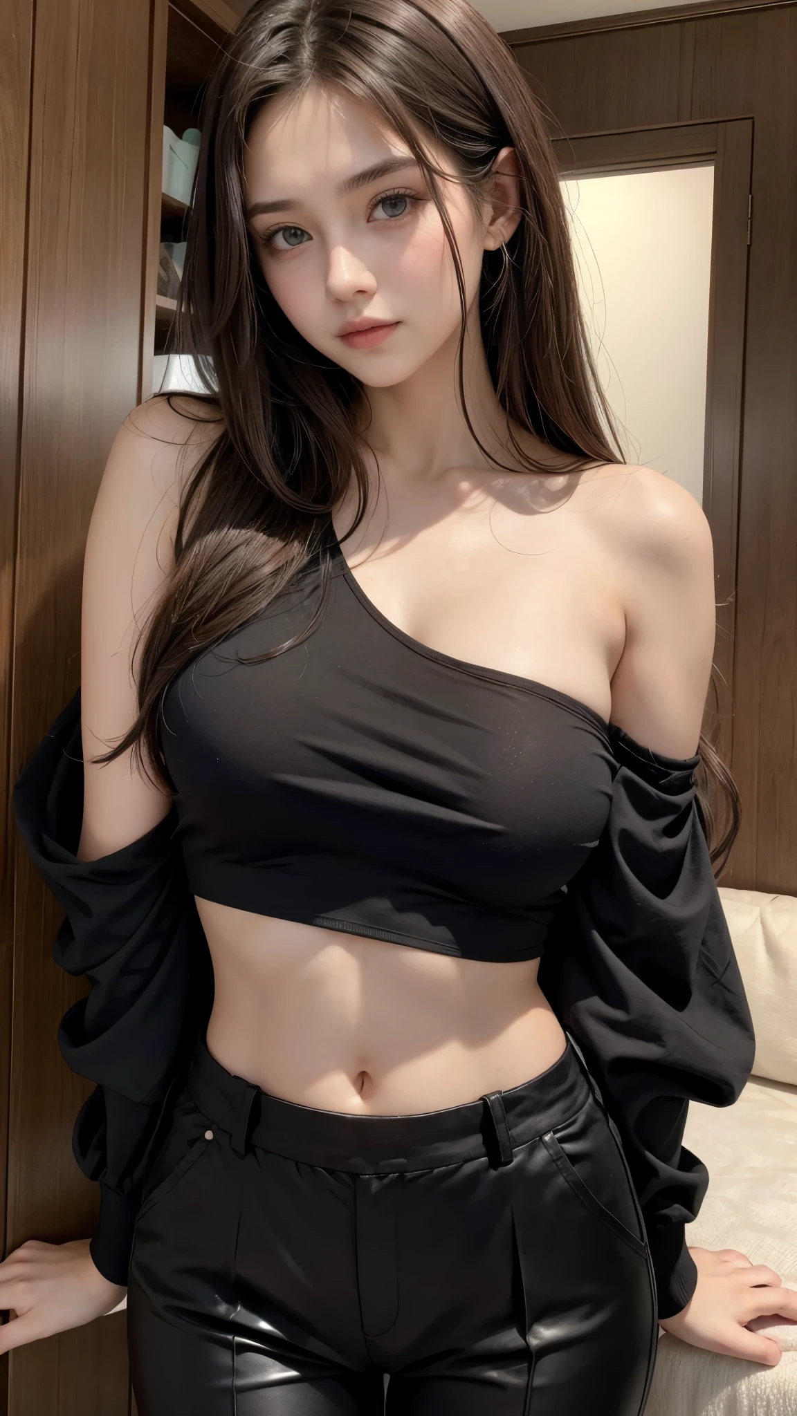 Beautiful 20-year-old brunette girl wearing a short black one-shoulder blouse and pants showing her navel 