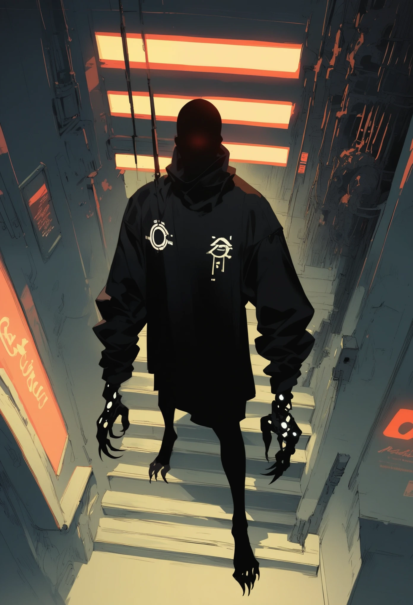 (score_9, score_8_up, score_7_up), zPDXL, 1 shadow, alone, looking at viewer, subway exit background, cyberpunk, abstract dark body, glowing white eyes, black face, black body, full body, his entire black body disembodied, going up the stairs, organic shadow, crows, humanoid figure wrapped in shadows, sinister and threatening figure, glowing eyes stand out in the darkness, almost amorphous dark silhouette, going up stairs, background with pipes and cyberpunk signs, ethereal almost liquid texture, it was made of a dark, viscous substance that drips and spreads, dark aura, black claws, seen from above,
