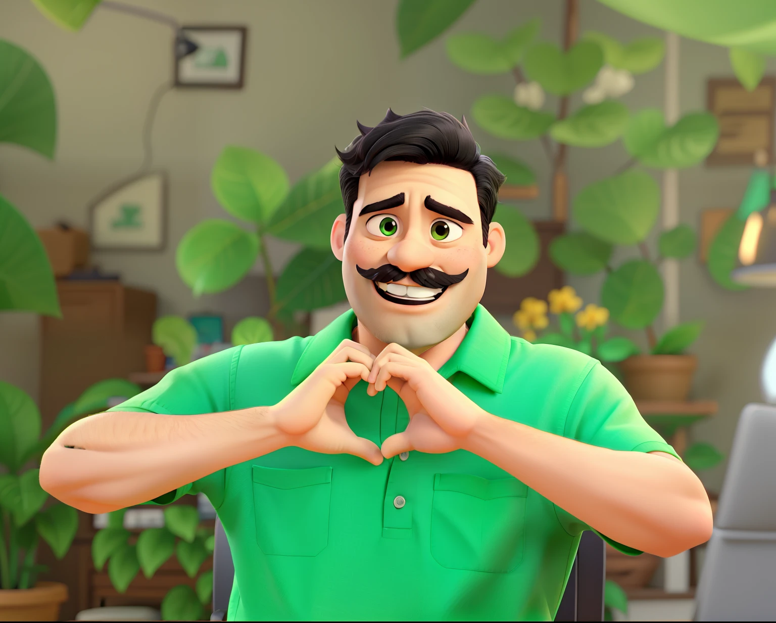A man with black hair, mustache and green shirt smiling pixar style in high quality