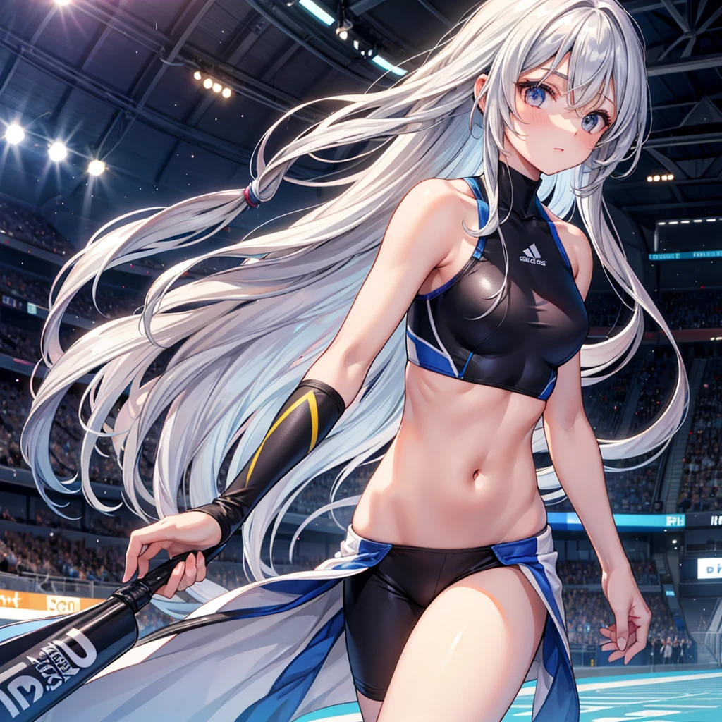 (Extreme Detail CG Unity 8K Wallpapers，tmasterpiece，Highest image quality)，(Delicate light and shadow，The picture is highly dramatic，Cinematic lens effect)A youthful student babes standing on the sports field、white  clothes、Silver shiny hair、Sporty wind、Superskirt、self-assured、vibrancy、Tall、slim、shairband、Bundle up、youthfulenergy、Sports-style clothing、Bright colors、Thin waistband、Fashionab、Wrist watch、Tall hands、slim、feign、Light-colored sports suit、self-assured、Live chain、White sneakers、Eyes、resolution、Sports hand straps、hair pin、Hair rope、Headbands、Bracelet、Anklets、Leg socks、耳Nipple Ring、Falling debris、with beautiful colors、youthfulenergy、adolable、quadratic element、Brush stroke、中景 the scene is、Full body like