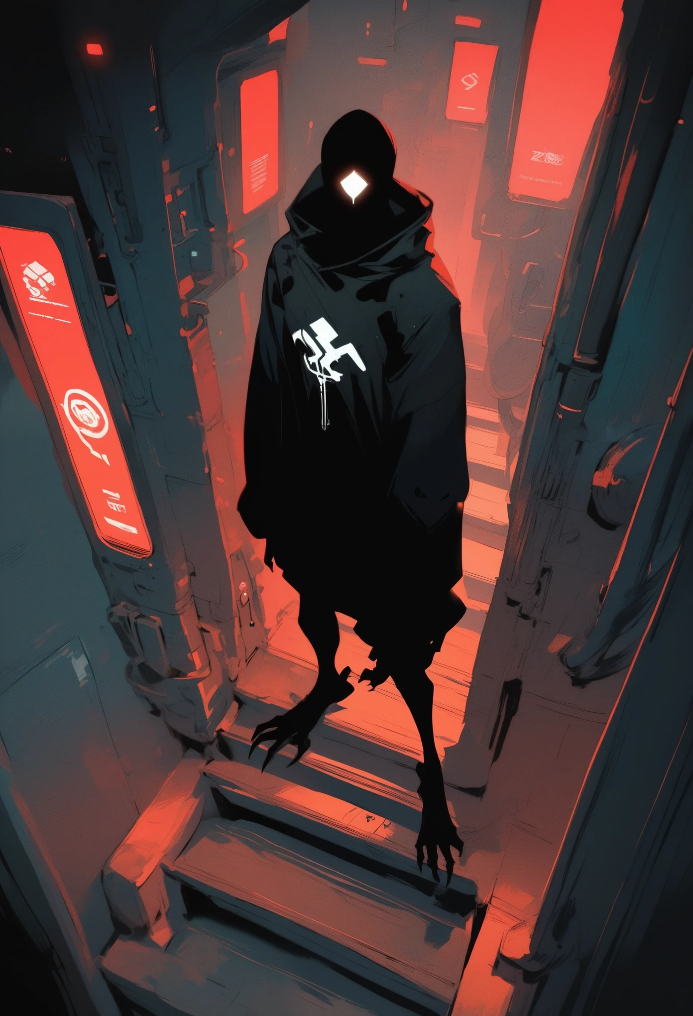 (score_9, score_8_up, score_7_up), zPDXL, 1 shadow, alone, looking at viewer, subway exit background, cyberpunk, abstract dark body, glowing white eyes, black face, black body, full body, his entire black body disembodied, going up the stairs, organic shadow, crows, humanoid figure wrapped in shadows, sinister and threatening figure, glowing eyes stand out in the darkness, almost amorphous dark silhouette, going up stairs, background with pipes and cyberpunk signs, ethereal almost liquid texture, it was made of a dark, viscous substance that drips and spreads, dark aura, black claws, seen from above,