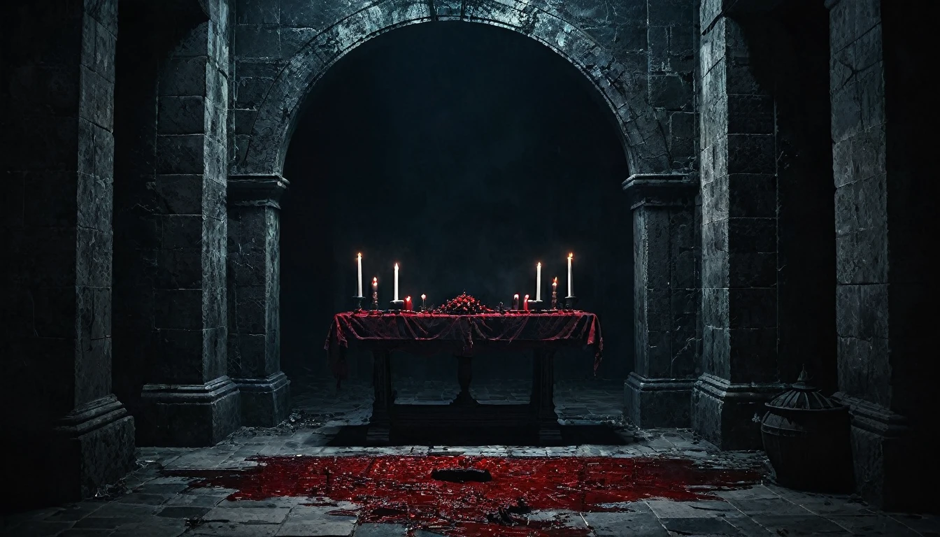 Underground place altar with dark sarphire blood few lights scary and gloomy