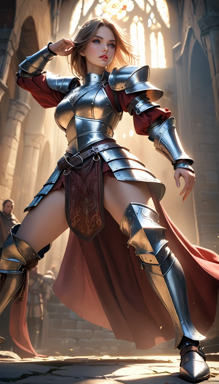 a woman medieval knight in fight pose, low angle shot show her domination, full light armor, big two-handed sword, full body shot, beautiful detailed eyes, beautiful detailed lips, extremely detailed eyes and face, long eyelashes, realistic, photorealistic, photo-realistic:1.37, best quality,4k,8k,highres,masterpiece:1.2,ultra-detailed,realistic armor, medieval setting, dramatic lighting, epic fantasy, cinematic composition, dramatic atmosphere, dramatic pose, powerful expression, digital painting