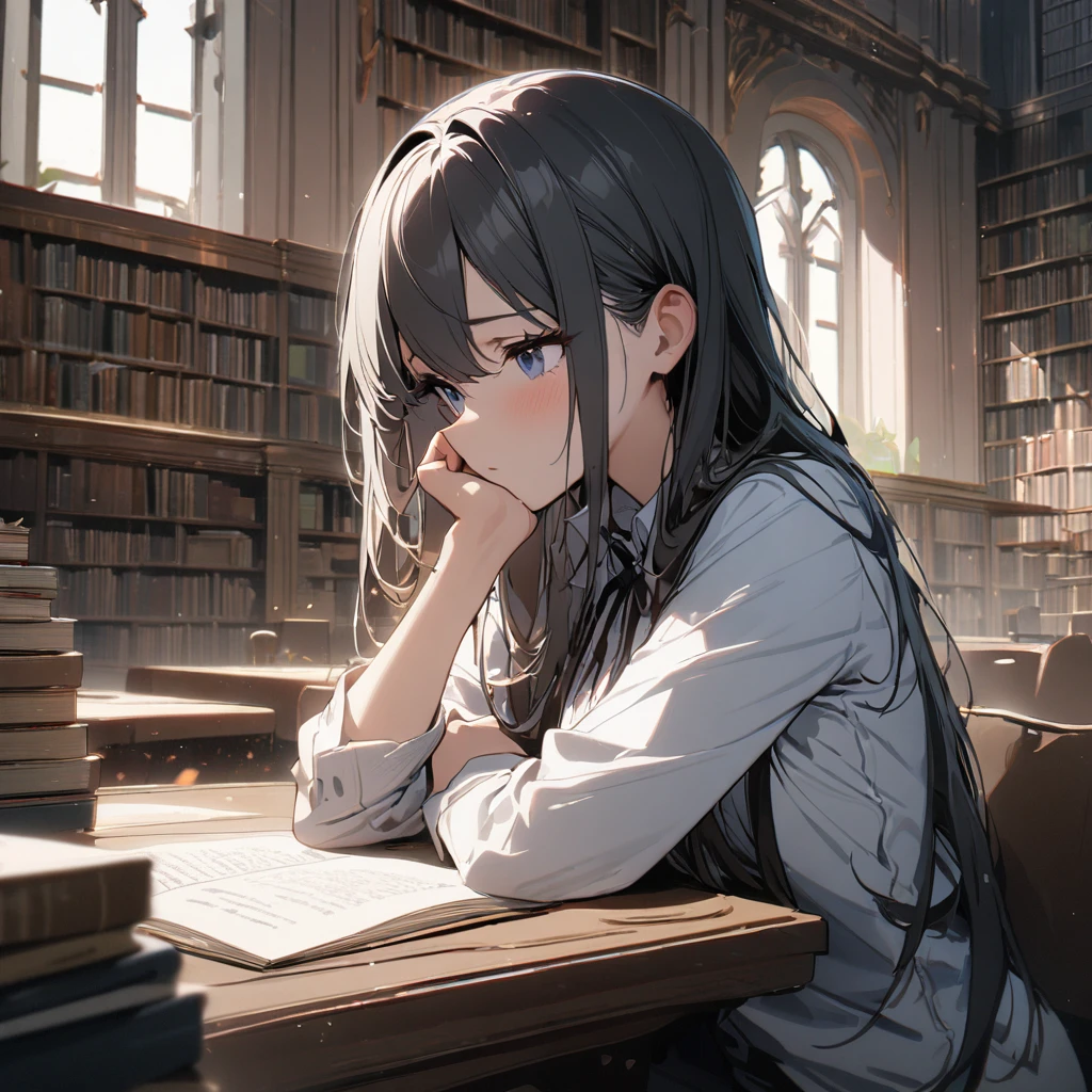 (1girl), (ultra detailed), thinking, library, thoughtful, (Masterpiece), (Best quality), (8k)