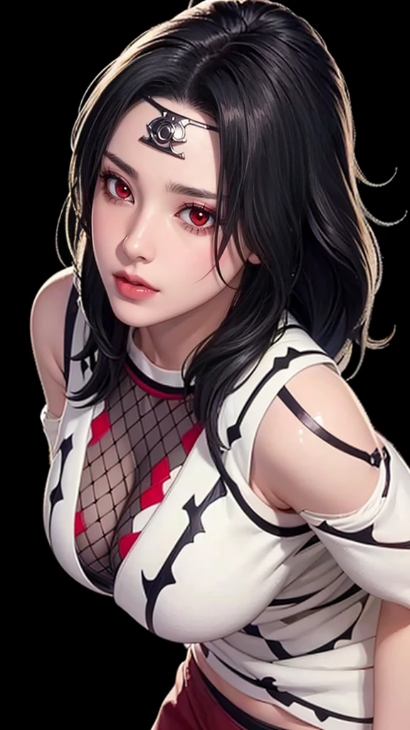 （（（Perfect figure，figure，forehead protector，bandaged hand，konohagakure symbol，fishnets，Red single sleeve，White striped clothes，（（（Kurenai Yuhi, black hair, red eyes,  long hair,makeup，red eyes，lipstick，）））型figure:1.7））），((masterpiece)),high resolution, ((Best quality at best))，masterpiece，quality，Best quality，（（（ Exquisite facial features，looking at the audience,There is light in the eyes，Happy，nterlacing of light and shadow，huge boobs））），（（（looking into camera，black background，strangling
asphyxiation）））