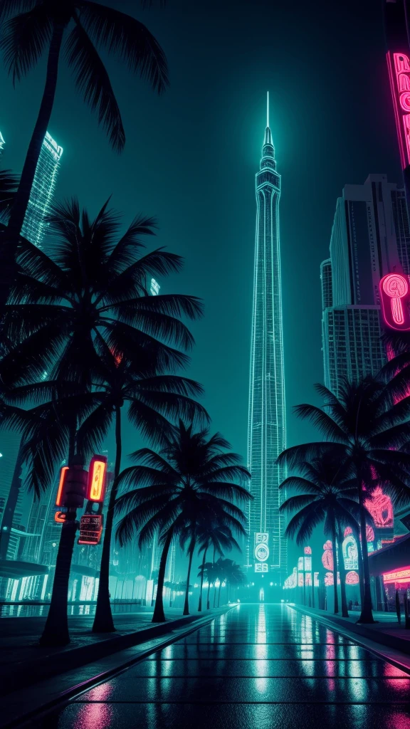 Highly detailed CG Unity 8k wallpaper, masterpiece, Palm tree, Miami, Highest quality, Long Shot, cyber punk, ghostly setting, haze,Sea of night, Volumetric Light, Neon Light, animatronic figures,grunge textures