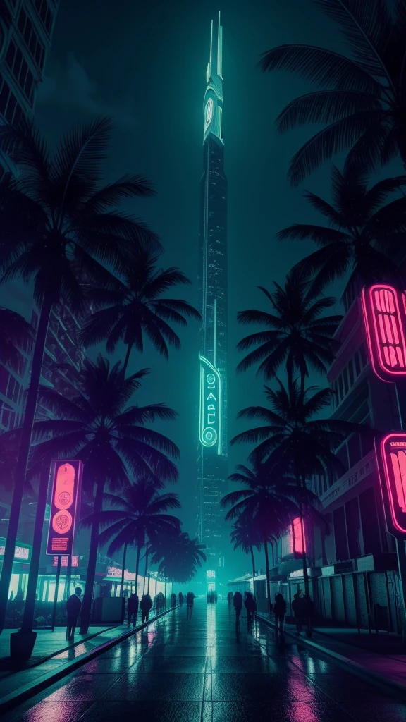 Highly detailed CG Unity 8k wallpaper, masterpiece, Palm tree, Miami, Highest quality, Long Shot, cyber punk, ghostly setting, haze,Sea of night, Volumetric Light, Neon Light, animatronic figures,grunge textures