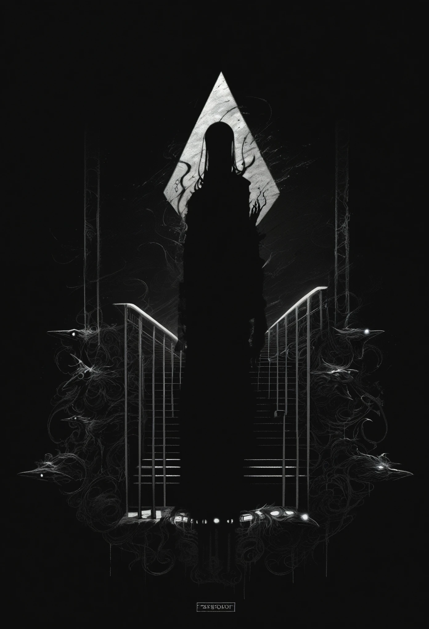(score_9, score_8_up, score_7_up), zPDXL, 1 shadow, alone, looking at viewer, subway exit background, cyberpunk, abstract dark body, glowing white eyes, black face, black body, full body, his entire black body disembodied, going up the stairs, organic shadow, crows, humanoid figure wrapped in shadows, sinister and threatening figure, glowing eyes stand out in the darkness, almost amorphous dark silhouette, going up stairs, background with pipes and cyberpunk signs, ethereal almost liquid texture, it was made of a dark, viscous substance that drips and spreads, dark aura, black claws, seen from above,