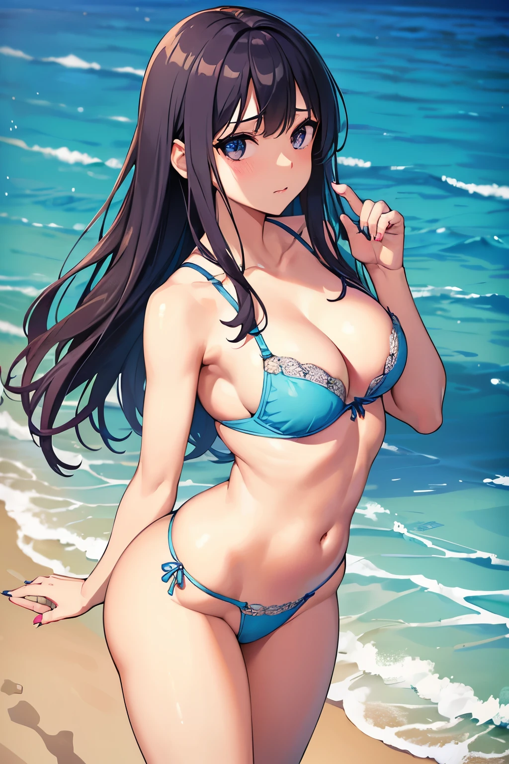 Women, (micro thong and mini bra), (beach), (blue wate), (seashore), which only covers her, (small swim wear:1.1), (hyper realistic), (highest detailed), (masterpiece), (best quality), (high resolution), (sharp focused), (wallpaper), (intricate detail), (highest quality), (detailed face and eyes:1.2), (perfect anatomy), (round breasts), (bubble butt), (wide hips:1.1), (slim waist:1.1), (thick thighs:1.1), (detailed background), (perfect nails:1.1), (detailed hand and finger:1.2), (medium breasts:1.2), (busty), (deep cleavage:1.2), (labia outline:1.3), (hard teat:1.3).