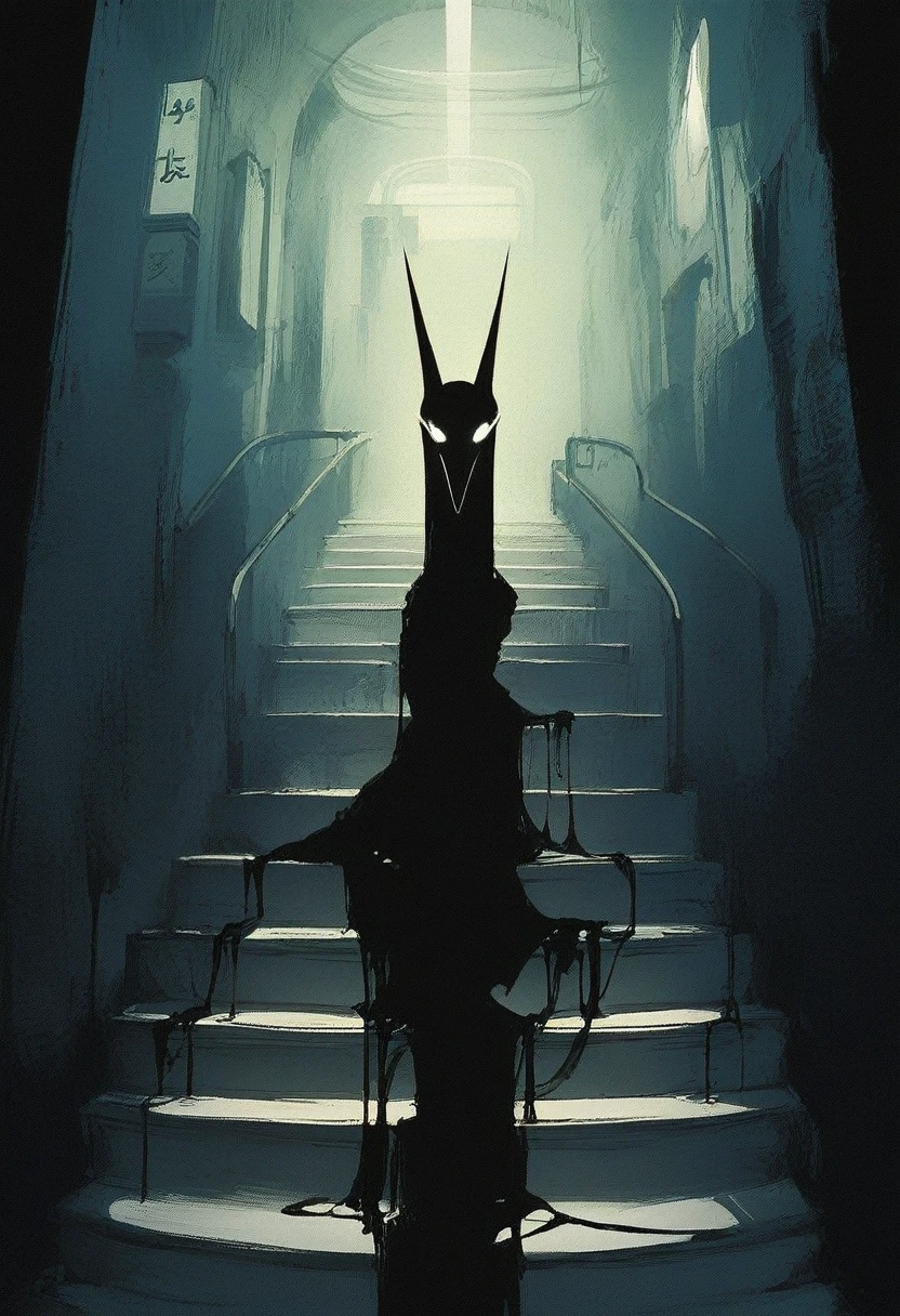 (score_9, score_8_up, score_7_up), zPDXL, 1 shadow, alone, looking at viewer, subway exit background, cyberpunk, abstract dark body, glowing white eyes, black face, black body, full body, his entire black body disembodied, going up the stairs, organic shadow, crows, humanoid figure wrapped in shadows, sinister and threatening figure, glowing eyes stand out in the darkness, almost amorphous dark silhouette, going up stairs, background with pipes and cyberpunk signs, ethereal almost liquid texture, it was made of a dark, viscous substance that drips and spreads, dark aura, black claws, seen from above,