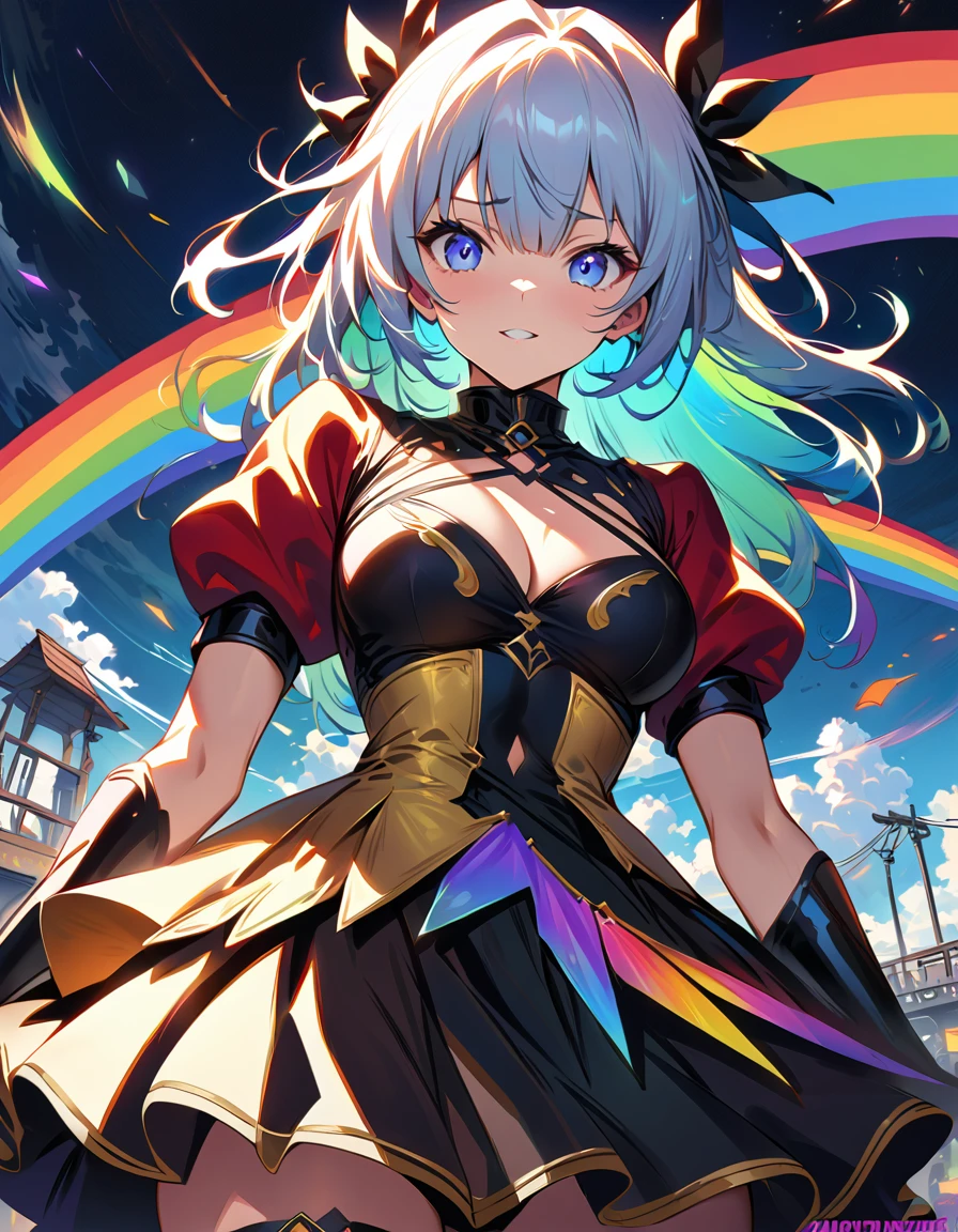 NSFW,((masterpiece,Highest quality,4K)),score_9, score_8_superior, score_7_superior,anime, anime,Rainbow Hair,Wearing a black and gold dress,animeの女の子、Blue background, krenz cushart and ArtJam, 美しく魅力的なanimeの女性, ArtJam style, Yoshika Amano Karol Baq, ArtJam detailed, style ivan talavera and ArtJam, Beautiful cartoon art, ArtJam. Attention to detail, ArtJam comic