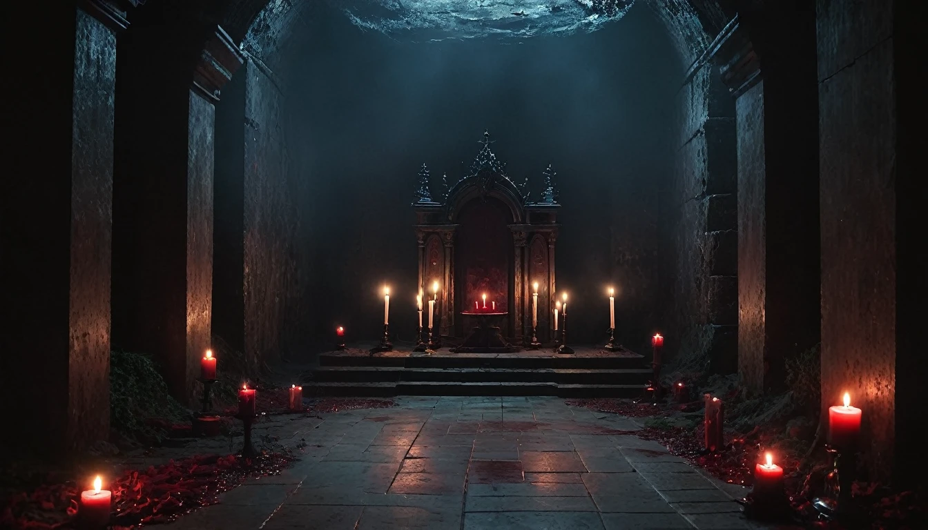 Underground place altar with dark sarphire blood few lights scary and gloomy