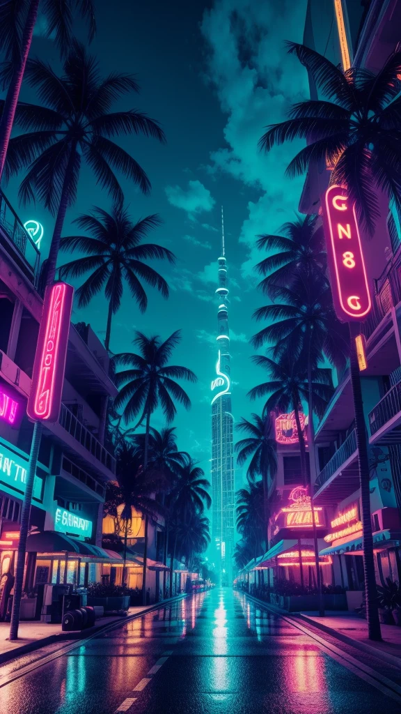 Highly detailed CG Unity 8k wallpaper, masterpiece, Palm tree, Miami, Highest quality, Long Shot, cyber punk, Sea of night,Neon Light, animatronic figures, grunge textures