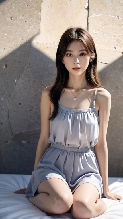 Seaside girl，Long fluttering hair，Visually measuring a height of one meter eight。Treading barefoot on the sand（Five toes, no more），Wearing a thin chiffon suspender skirt（Random Color）Length just past the thigh。Big eyes, double eyelids, delicate features, slightly red lips，There is a necklace around the neck，Long shot mode，Full body image。 8k high definition picture quality，Ultra-detailed portrayal，protrait photo，Center layout