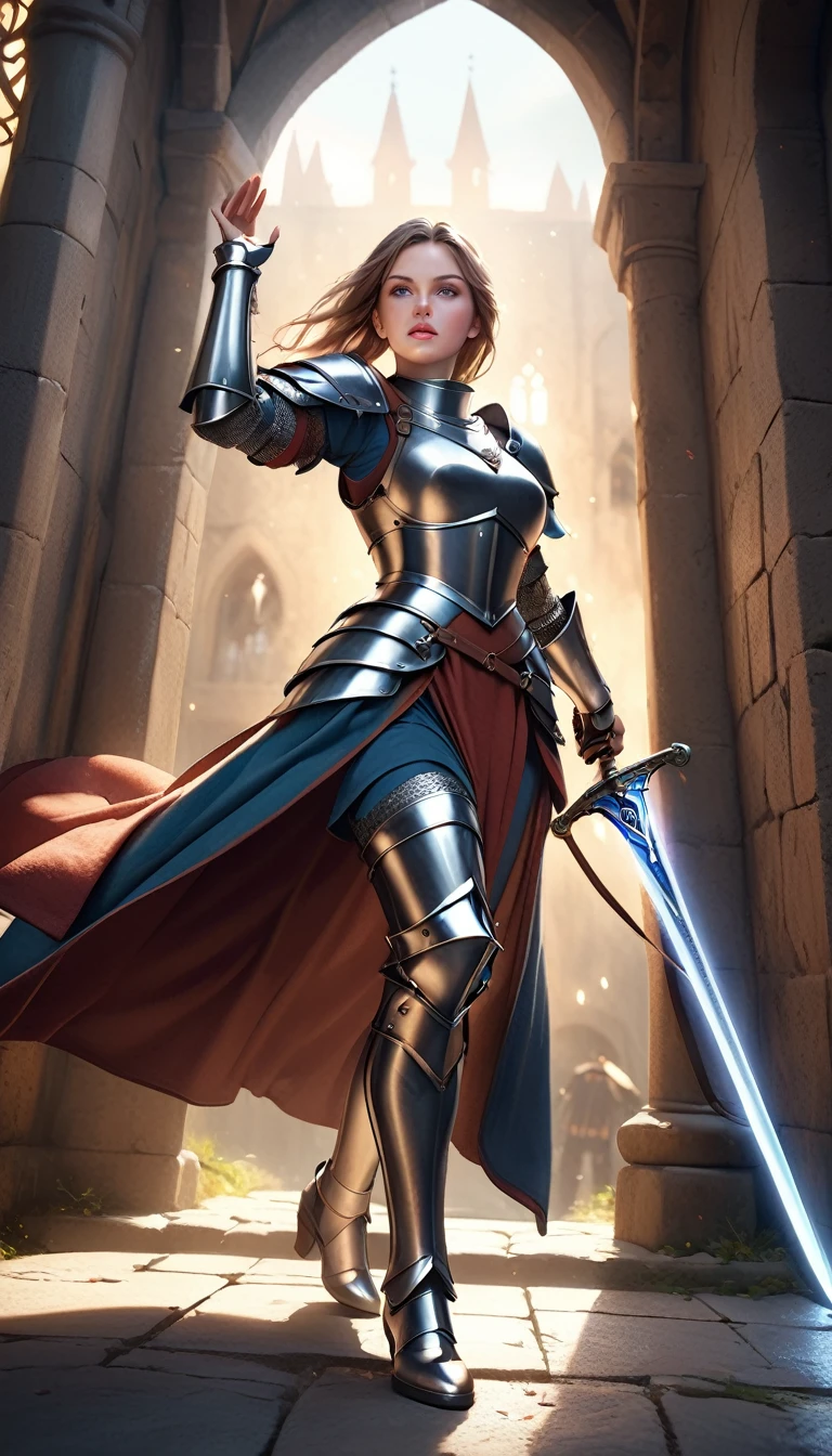 a woman medieval knight in fight pose, low angle shot show her domination, full light armor, big two-handed sword, full body shot, beautiful detailed eyes, beautiful detailed lips, extremely detailed eyes and face, long eyelashes, realistic, photorealistic, photo-realistic:1.37, best quality,4k,8k,highres,masterpiece:1.2,ultra-detailed,realistic armor, medieval setting, dramatic lighting, epic fantasy, cinematic composition, dramatic atmosphere, dramatic pose, powerful expression, digital painting