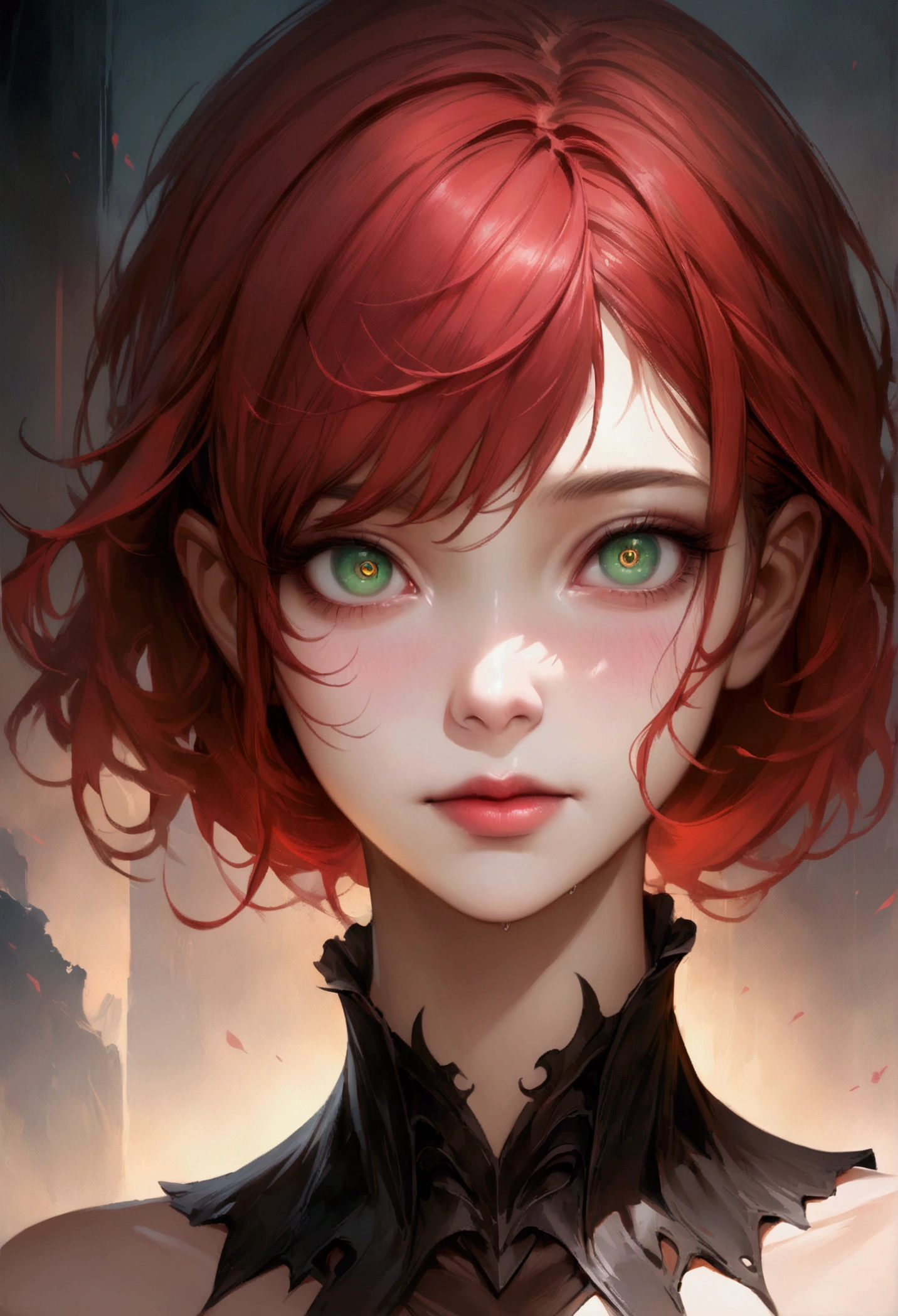 Realistic Digital Painting with Concept Art Elements"," digital painting," "concept art," , "high detail", "high-res", "ominous aura,", "8k resolution", "oil painting", "darker tone" , "little saturation" ,"dark feeling", "concept art" , "detailed features" , "detailed eyes" (masterpiece), highest quality, Expressive eyes, Perfect Face, (masterpiece), highest quality, Expressive eyes, Perfect Face, female, red Hair, Green Eyes, , Portraiture, good looking, Apathetic and tired, looking at the viewer, full body,