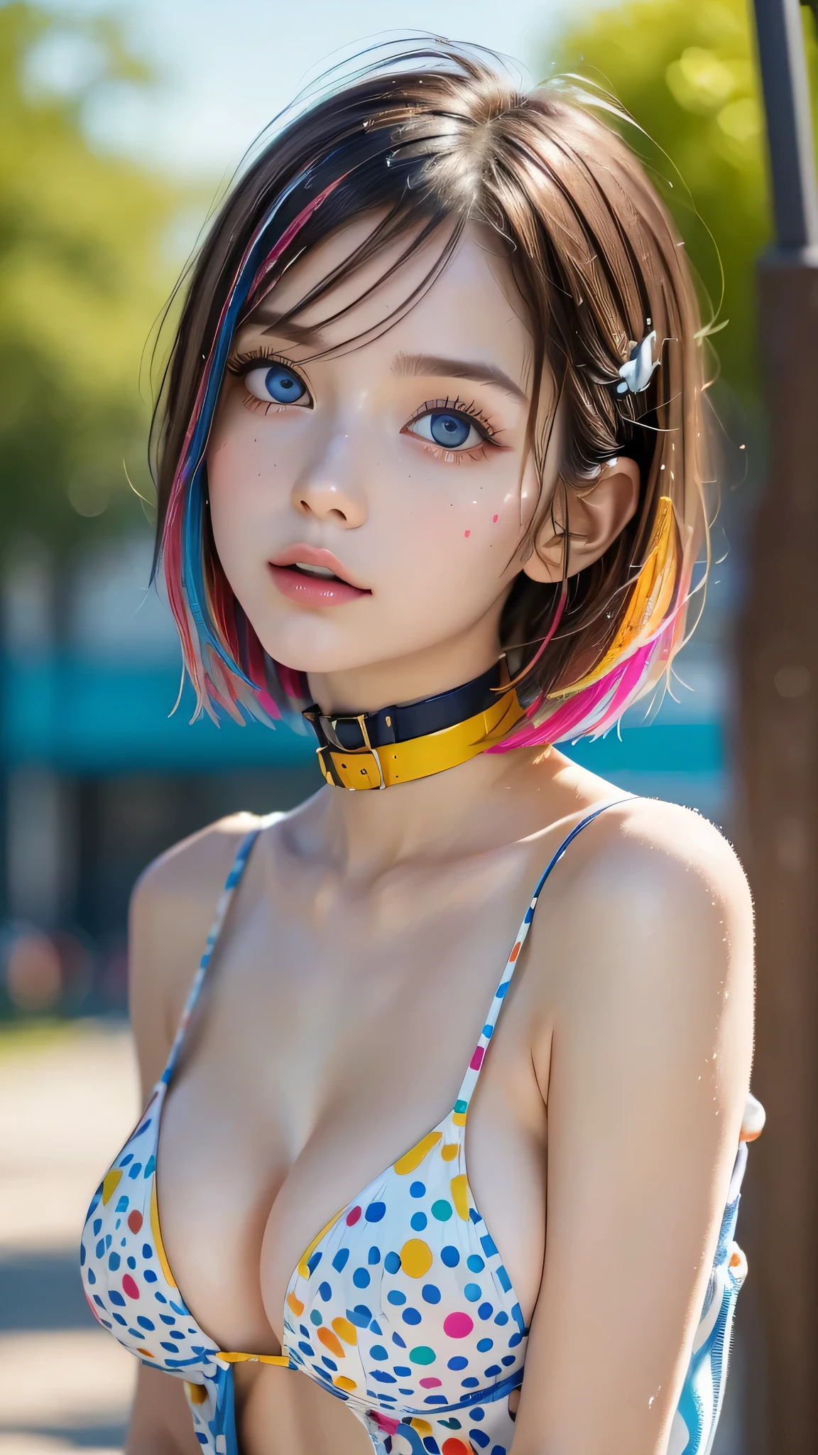 One girl Russian Flat Chest Small Boobs Mountain blue sky forest Gravure pose Young face Completely naked Firm Skin Beauty high resolution High precision Two-tone black and pink hair Detailed skin blue eyes Detailed face whole body smile Bobcut