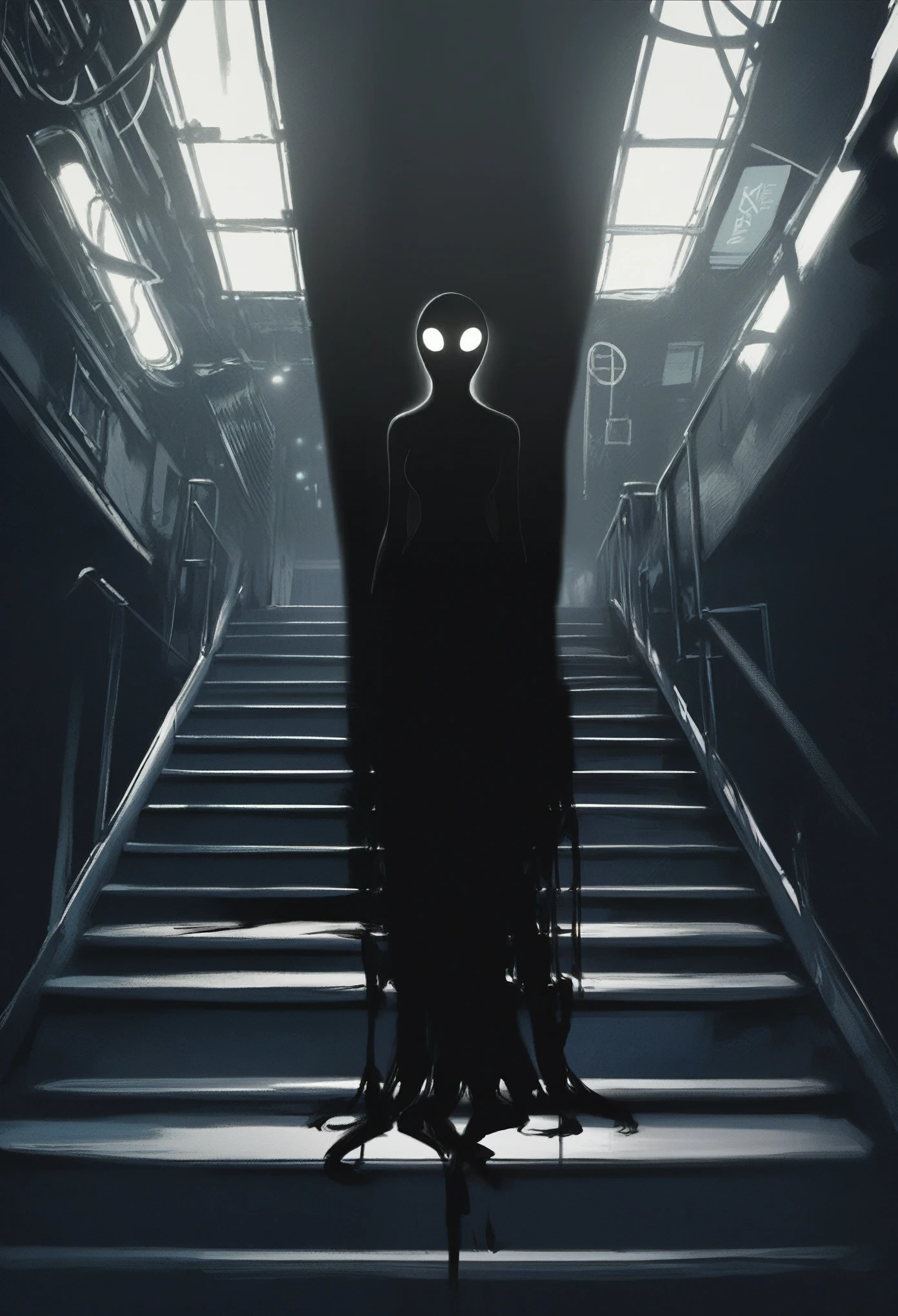 (score_9, score_8_up, score_7_up), zPDXL, 1 shadow, alone, looking at viewer, subway exit background, cyberpunk, abstract dark body, glowing white eyes, black face, black body, full body, his entire black body disembodied, going up the stairs, organic shadow, crows, humanoid figure wrapped in shadows, sinister and threatening figure, glowing eyes stand out in the darkness, almost amorphous dark silhouette, going up stairs, background with pipes and cyberpunk signs, ethereal almost liquid texture, it was made of a dark, viscous substance that drips and spreads, dark aura, black claws, seen from above,