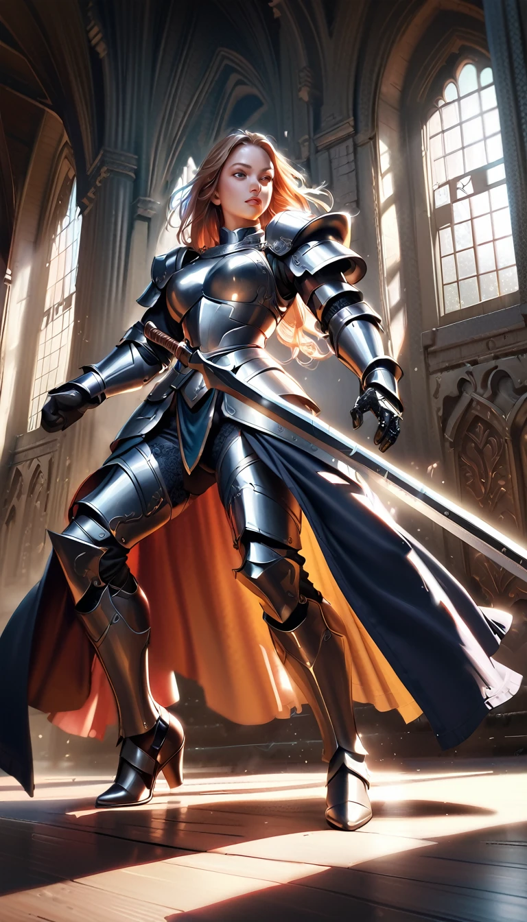 a woman medieval knight in fight pose, low angle shot show her domination, full light armor, big two-handed sword, full body shot, beautiful detailed eyes, beautiful detailed lips, extremely detailed eyes and face, long eyelashes, realistic, photorealistic, photo-realistic:1.37, best quality,4k,8k,highres,masterpiece:1.2,ultra-detailed,realistic armor, medieval setting, dramatic lighting, epic fantasy, cinematic composition, dramatic atmosphere, dramatic pose, powerful expression, digital painting