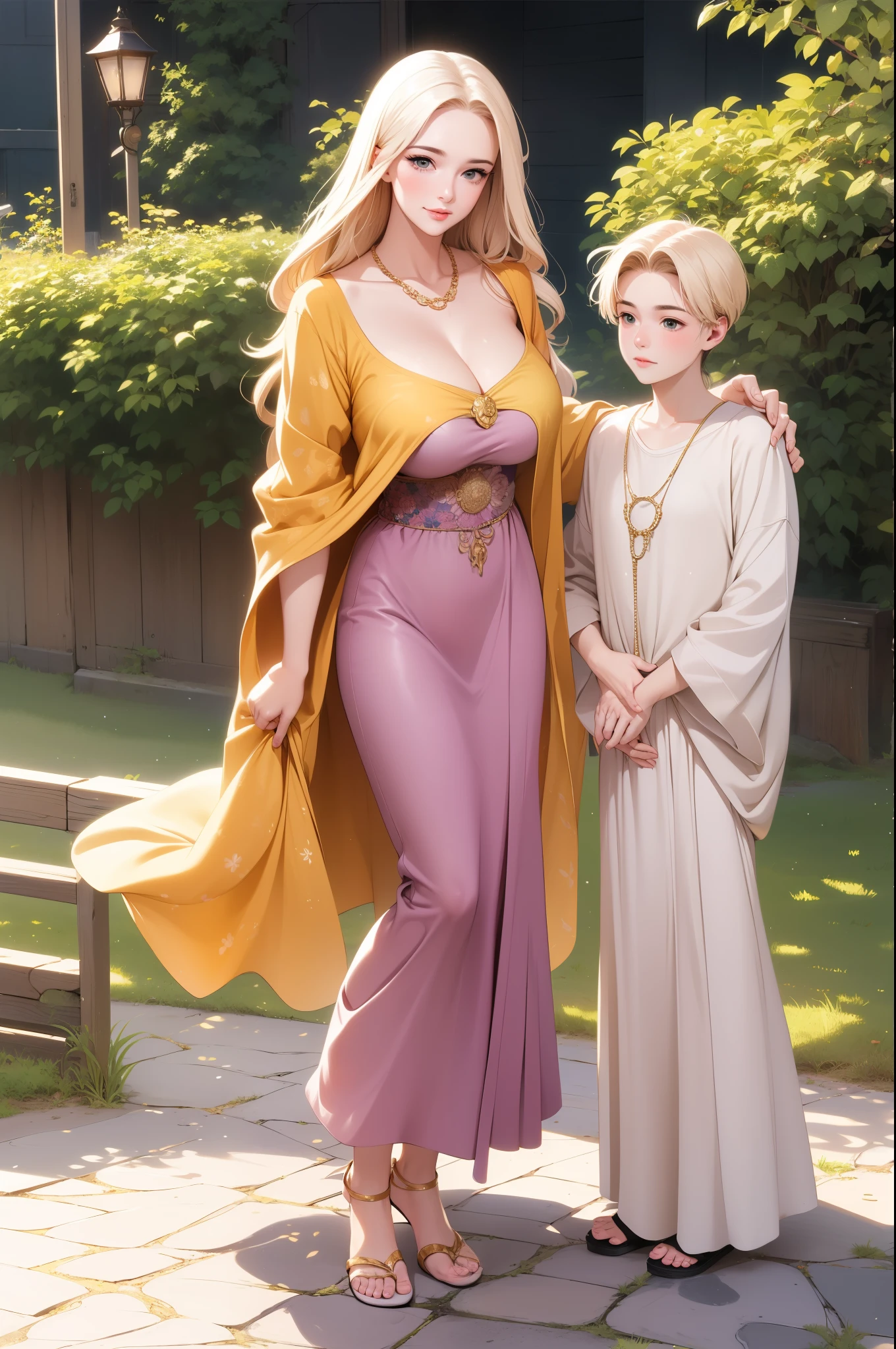 An extremely beautiful stunning mother with a perfect busty body, gold blonde long silky hair, big blue-green hazel eyes, extremely super bright snow white fair stunning flawless glowing lush shiny white skin, a perfect tight hourglass figure, and a skinny waist, extremely cute smile on the face, bright pink blushes on cheeks, wearing a long cute sky-blue floral dress, and a yellow-tan cardigan, white flip-flop sandals, gold necklace on the neck, gold anklets on feet, standing straight, holding her son's hand, garden in the background, show full body from head to feet