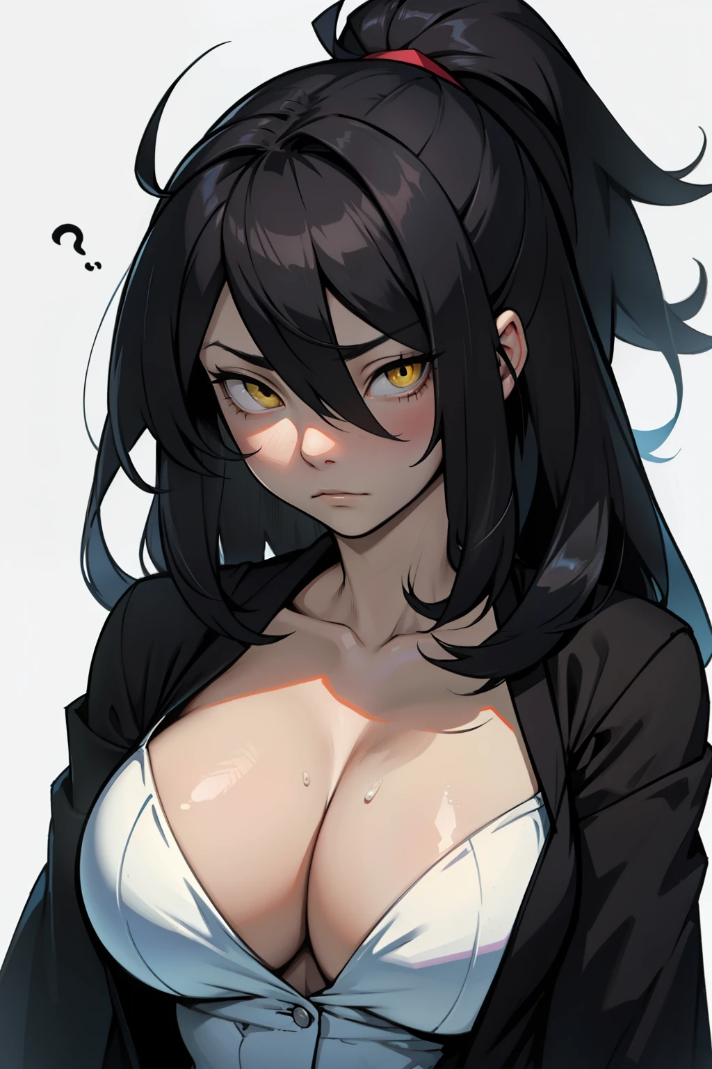 massive hair muscular girl big breasts pale skin black hair yellow eyes empty eyes sad sorrow mourn