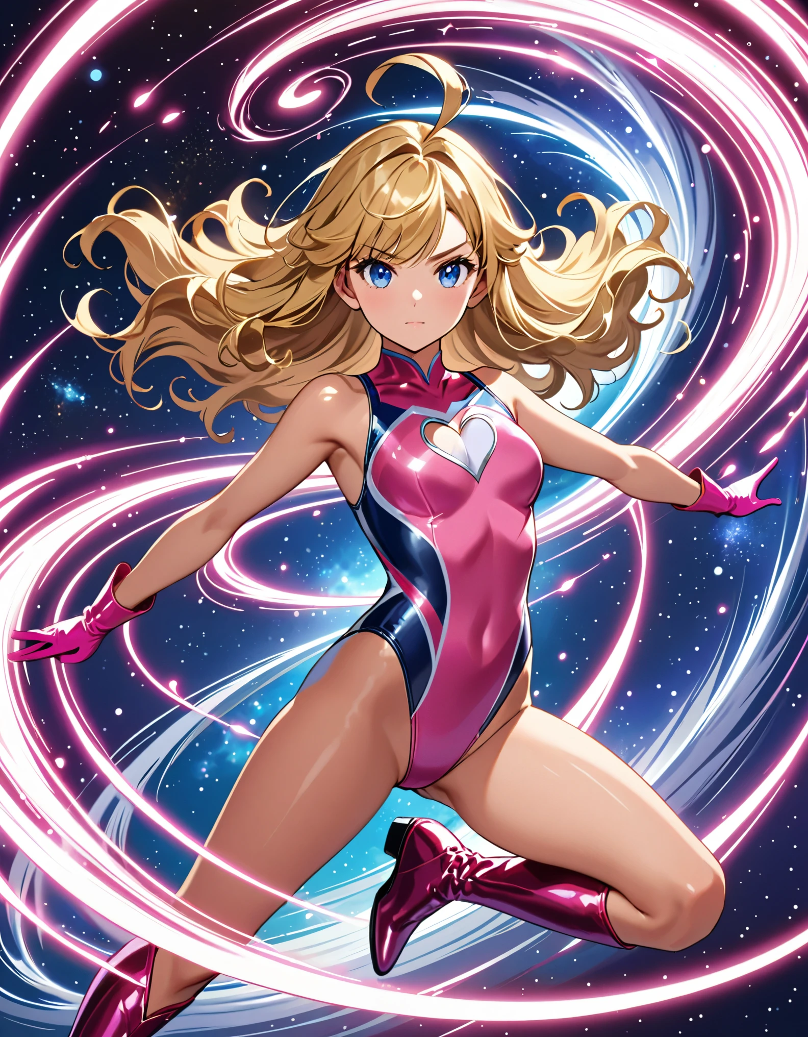 (masterpiece), (best quality), (high res), 1girl, solo, solo focus, superhero, gymnast leotard, competition swimsuit, bare legs, matching boots, sleeveless, looking at viewer, perfect hands, perfect eyes, perfect leotard, perfect legs, perfect arms, perfect fingers, medium breasts, pink leotard, (blonde hair), long hair, knee boots, blue eyes, ((heart cutout)), cute face, hair down, bangs, ahoge, sleeveless, pink gloves, pink footwear, (cleavage cutout, serious, full body with costume, cowboy shot, space backdrop. (T-pose, legs together). (spins fast in place like a tornado, whirls fast in place like a tornado, tornado whirling, spiral lines around her, spinning energy pulse around her, storm winds around her, whirls into a tornado, (she whirls) in (super speeds)). full body costume design. curved sword slash. she super-spins. time travel, time warp.