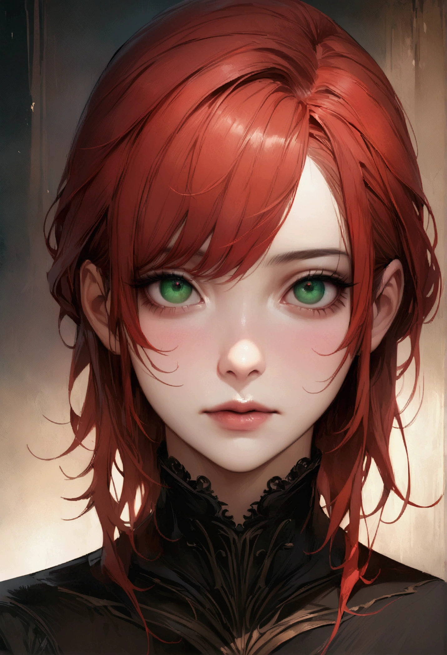 Realistic Digital Painting with Concept Art Elements"," digital painting," "concept art," , "high detail", "high-res", "ominous aura,", "8k resolution", "oil painting", "darker tone" , "little saturation" ,"dark feeling", "concept art" , "detailed features" , "detailed eyes" (masterpiece), highest quality, Expressive eyes, Perfect Face, (masterpiece), highest quality, Expressive eyes, Perfect Face, female, red Hair, Green Eyes, , Portraiture, good looking, Apathetic and tired, looking at the viewer, full body shot, must be full body