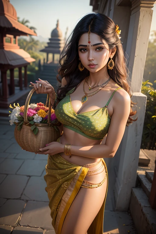 wear green designer printed Saree and blouse, a bindi on the center of the forehead, green saree and green blouse, Indian temples in background, flower basket, very well dressed, going to temple for prayers, golden heavy jewellery, very beautiful 25 year old indian girl, full body photo, mehendi in hands, random hair style, holding Puja plate with Puja items for lord Shiva, lord Shiva temple in background, jewelry, gem, necklace, necklace set, tika, vermilion, nathiya, ear rings, mangalsutra, golden haar, gold bracelet, anklets, thick lips, holding flower basket for Puja in hand, skindentation, parted lips, full body photo from front, beautiful face, beautiful body, (detailed eyes), ulzzang-6500-v1.1, thick eyelashes, long eyelashes, random hair style, broad light, backlighting, bloom, light sparkles, chromatic aberration, sharp focus, Nikon Z 85mm, unparalleled masterpiece, ultra-realistic 8k photos, best quality masterpiece, best quality, (photorealistic:1.2), (realistic:1.5), (hyperrealistic:1.2),(photorealistic face:1.2), perfect composition, hyperrealistic, super detailed, 8k, high quality, trending art, trending on artstation, sharp focus, studio photo, intricate details, highly detailed, art by greg rutkowski