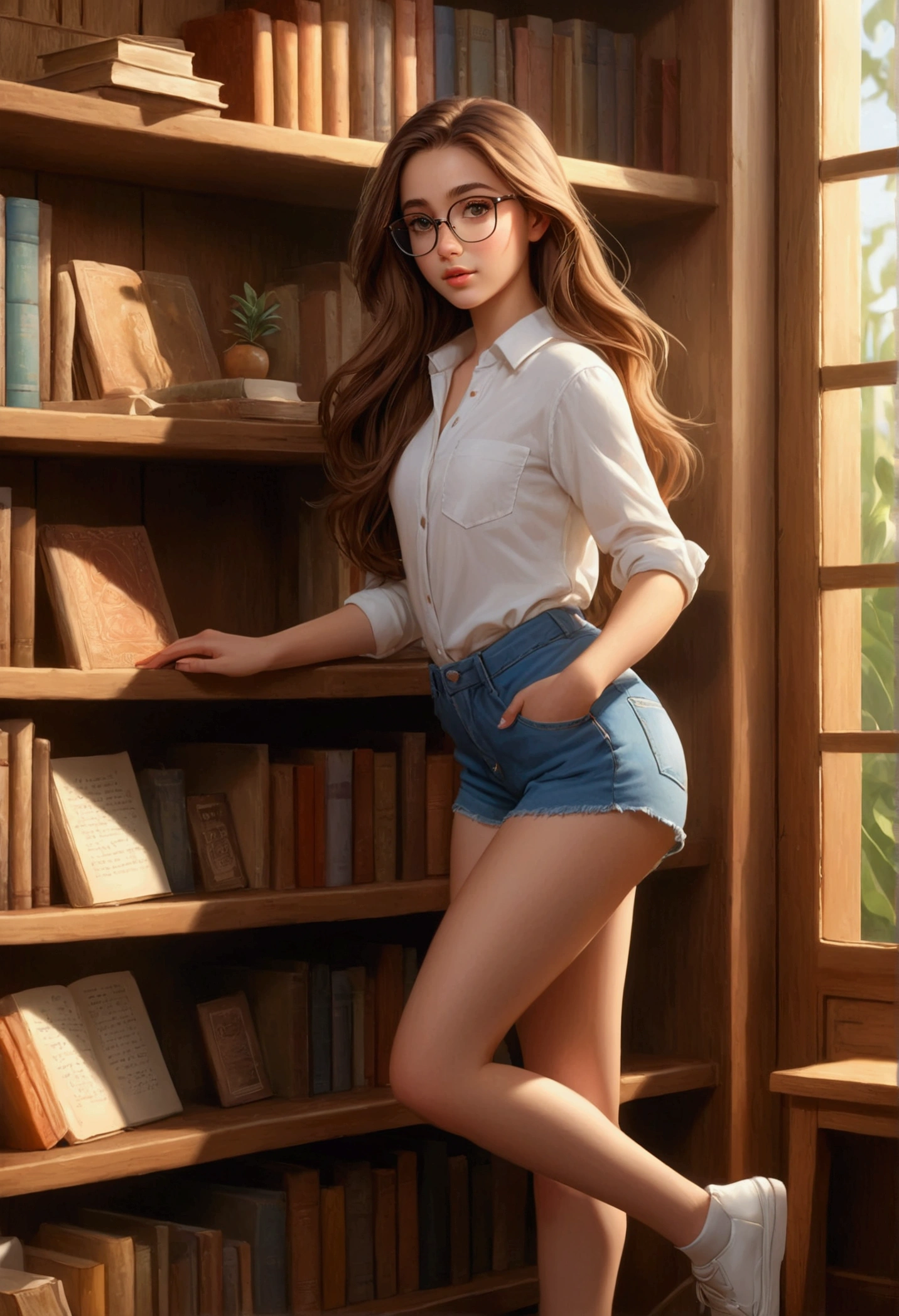 1girl with long brown hair,glasses,tight white shirt,very short denim shorts,(on tiptoe)while reaching for a book from a wooden bookshelf,detailed face,beautiful eyes,beautiful lips,photorealistic,8k,highres,cinematic lighting,vivid colors,warm color palette,natural lighting,intricate details,hyper realistic,digital art,realistic portrait