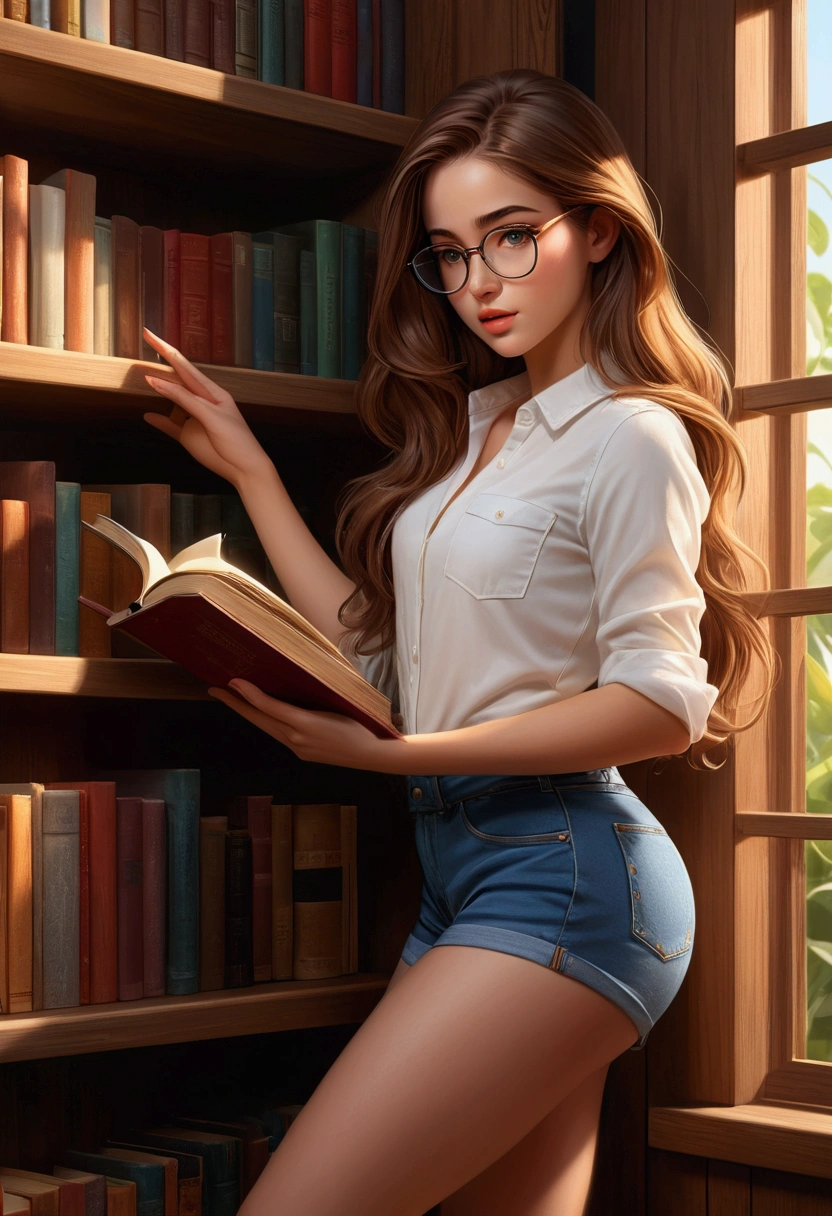 1girl with long brown hair,glasses,tight white shirt,very short denim shorts,(on tiptoe)while reaching for a book from a wooden bookshelf,detailed face,beautiful eyes,beautiful lips,photorealistic,8k,highres,cinematic lighting,vivid colors,warm color palette,natural lighting,intricate details,hyper realistic,digital art,realistic portrait