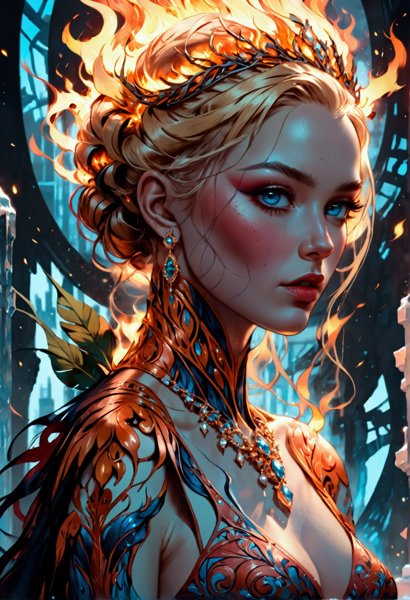 a glamour picture shot, of an elite model covered in fire walking on a icy catwalk, an extraordinary glamourous elite female model, ((full body: 1.5)),  ((anatomically correct: 1.5), (ultra detailed face: 1.2), best detailed face, blond hair, long hair, lush hair, glam hair cut, blue eyes, delicate face, light make up, wearing intricate detailed dress, glamour dress, haute couture dress, elite fashion dress, FireMagicAI,  small cleavage, busty wearing high heels, elegant high heels, she wears diamond necklace, she is covered in fire, she walks on an icy catwalk, image reflecting in the ice IceMagicAI, elite fashion show background, vibrant, Hyperrealism style, vibrant, Ultra-high resolution, High Contrast, (masterpiece:1.5), highest quality, Best aesthetics), best details, best quality, highres, ultra wide angle, 16k, [ultra detailed], masterpiece, best quality, (extremely detailed) RAW, FireMagicAI, IceMagicAI, Dark Art Painting Style, magical