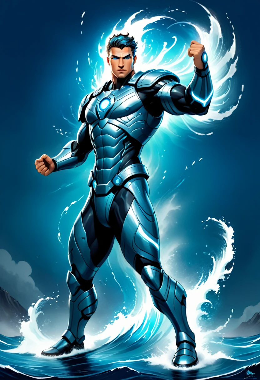 Full-body, powerful futuristic tidal wave warrior, advanced technology integrated into armor, strong heroic physique, confident facial features with some parts visible, (ancient Greek warrior style:1.3), muscular areas exposed, (tidal wave themes:1.2), deep blue, aqua, silver color scheme, glowing blue eyes, dynamic wave-like aura, standing against powerful tidal wave backdrop, crashing water, mist, (high resolution:1.3), photorealistic, HDR, (by Maciej Kuciara:0.9), (style of Charlie Bowater), epic fantasy, (trending on ArtStation), award winning illustration