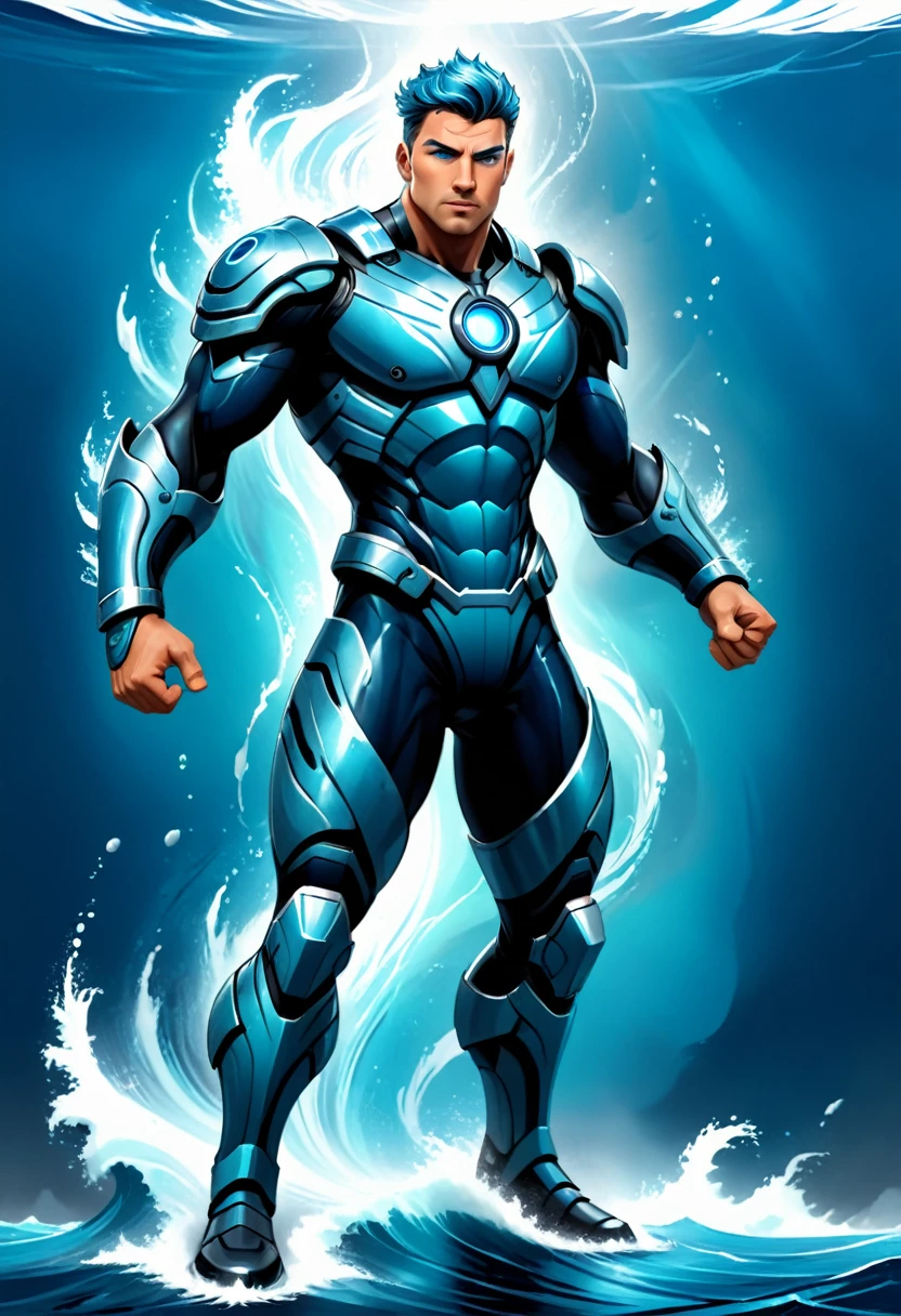 Full-body, powerful futuristic tidal wave warrior, advanced technology integrated into armor, strong heroic physique, confident facial features with some parts visible, (ancient Greek warrior style:1.3), muscular areas exposed, (tidal wave themes:1.2), deep blue, aqua, silver color scheme, glowing blue eyes, dynamic wave-like aura, standing against powerful tidal wave backdrop, crashing water, mist, (high resolution:1.3), photorealistic, HDR, (by Maciej Kuciara:0.9), (style of Charlie Bowater), epic fantasy, (trending on ArtStation), award winning illustration