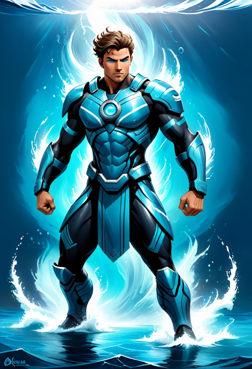 Full-body, powerful futuristic tidal wave warrior, advanced technology integrated into armor, strong heroic physique, confident facial features with some parts visible, (ancient Greek warrior style:1.3), muscular areas exposed, (tidal wave themes:1.2), deep blue, aqua, silver color scheme, glowing blue eyes, dynamic wave-like aura, standing against powerful tidal wave backdrop, crashing water, mist, (high resolution:1.3), photorealistic, HDR, (by Maciej Kuciara:0.9), (style of Charlie Bowater), epic fantasy, (trending on ArtStation), award winning illustration