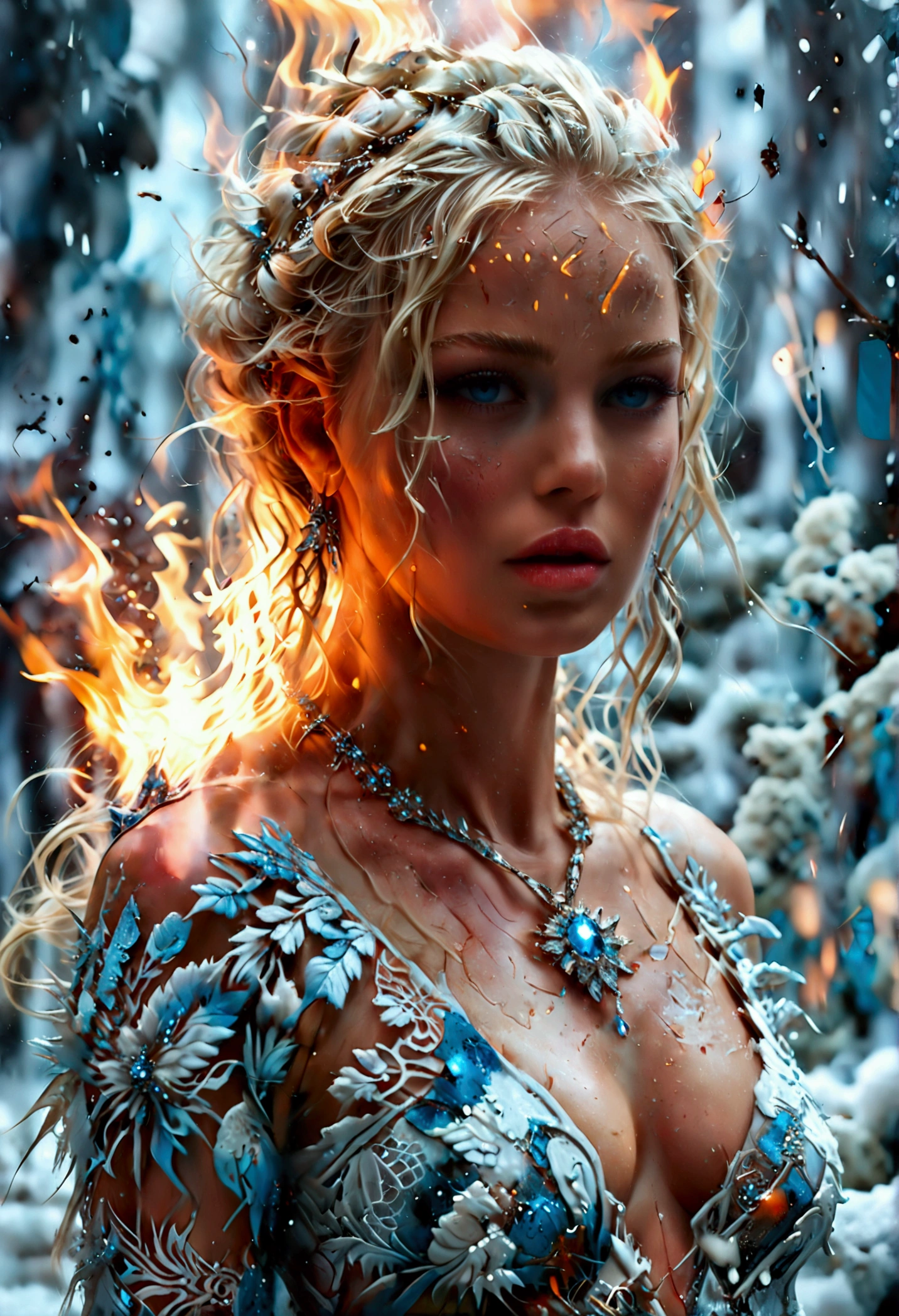 a glamour picture shot, of an elite model covered in fire walking on a icy catwalk, an extraordinary glamourous elite female model, ((full body: 1.5)),  ((anatomically correct: 1.5), (ultra detailed face: 1.2), best detailed face, blond hair, long hair, lush hair, glam hair cut, blue eyes, delicate face, light make up, wearing intricate detailed dress, glamour dress, haute couture dress, elite fashion dress, FireMagicAI,  small cleavage, busty wearing high heels, elegant high heels, she wears diamond necklace, she is covered in fire, she walks on an icy catwalk, image reflecting in the ice IceMagicAI, elite fashion show background, vibrant, Hyperrealism style, vibrant, Ultra-high resolution, High Contrast, (masterpiece:1.5), highest quality, Best aesthetics), best details, best quality, highres, ultra wide angle, 16k, [ultra detailed], masterpiece, best quality, (extremely detailed) RAW, FireMagicAI, IceMagicAI, Dark Art Painting Style, magical