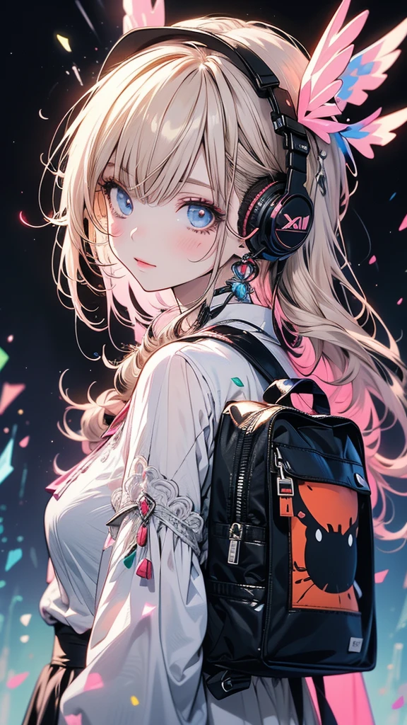 Anime girl with headphones and backpack looking at cell phone, Anime Style 4 k, (Very delicate and beautiful face), (Beautiful eyes in every detail), Digital anime art, Nightcore, Digital anime illustration, Anime Styled digital art, anime art wallpaper 4k, anime art wallpaper 4k, Anime art style, Anime digital art, Anime Style artwork, Anime Style. 8k, detailed Digital anime art