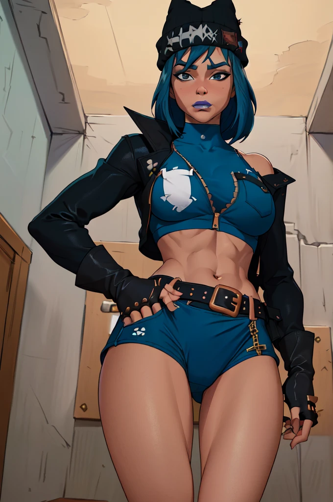 (Masterpiece,Best quality,Absurdities,Beautiful,sharp,Hinge),cinematic angle,1girl,featuring.hopefn,Blue lips, beanie, Navel, Blue hair, Jacket, A pocket, belt, Fingerless gloves, blue underpants