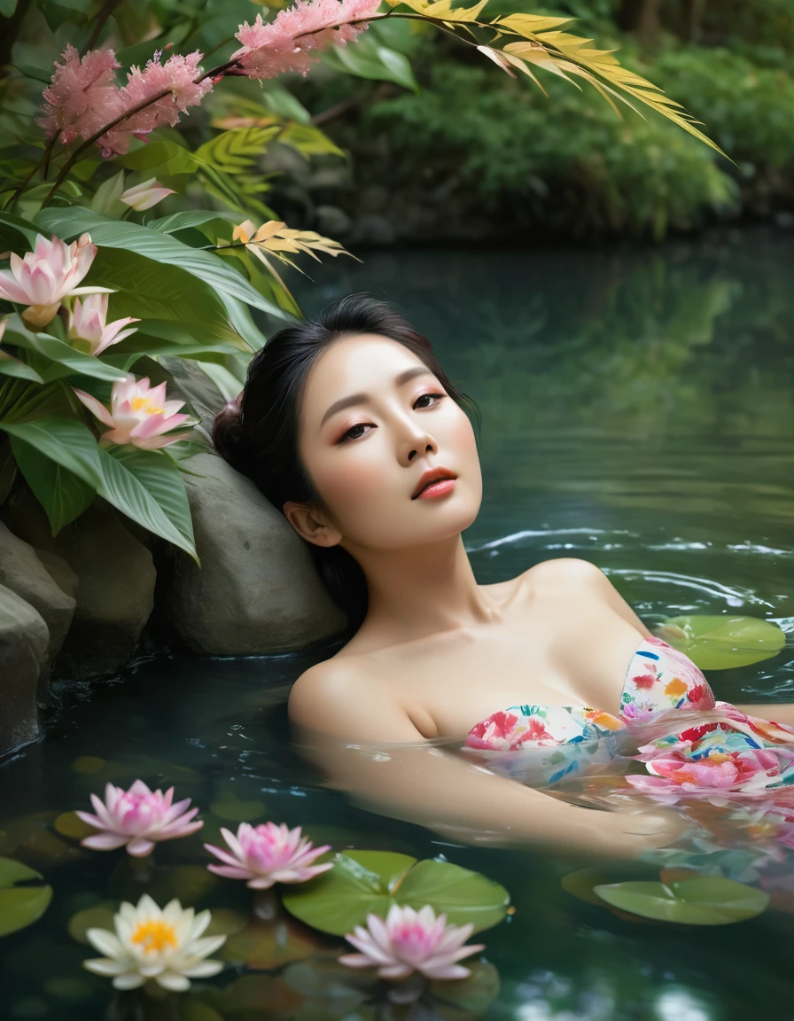 (best quality,highres,masterpiece:1.2),ultra-detailed,(realistic,photorealistic,photo-realistic:1.37),naked middle-aged Japanese woman lying next to a river holding a bouquet of flowers,beautiful detailed eyes,beautiful detailed lips,extremely detailed eyes and face,longeyelashes, serene expression,smooth skin,graceful posture,calm and tranquil atmosphere,background of lush green trees and colorful flowers,sparkling water reflecting the sunlight,soft and natural lighting,subtle warm color tones,highly detailed flowers in the bouquet,vivid and vibrant colors,painterly texture resembling an intricate Japanese art piece,traditional Japanese elements blended with contemporary aesthetics,harmony of nature and human connection,sense of peace and rejuvenation,subtle movement in the flowing river water,gentle breeze rustling the leaves,ethereal and dreamlike ambiance.