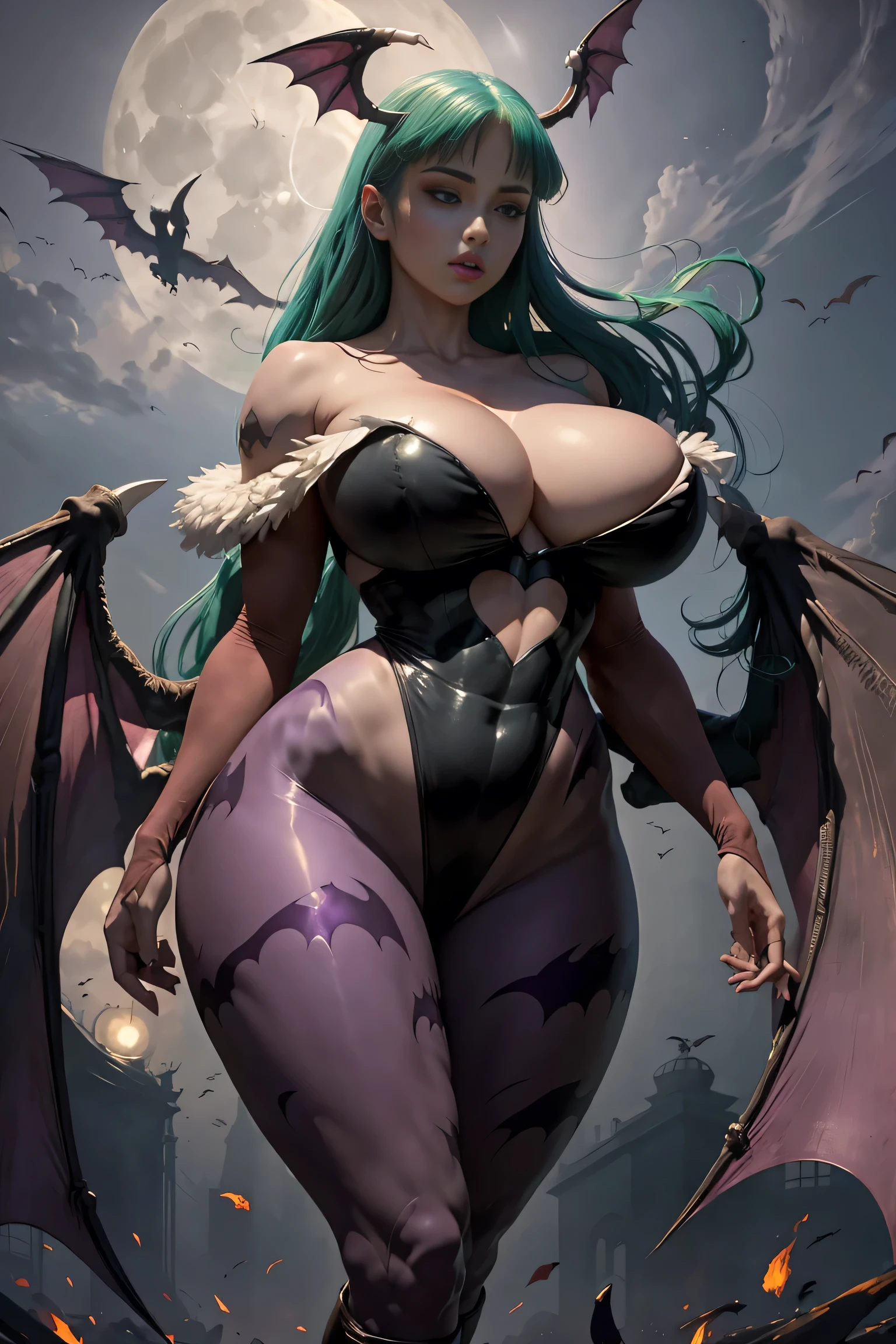 Morrigan beautiful and sensual sexy of her body with big breasts and big hips that shows her full body the best pose to appreciate her voluptuous body with a beautiful cleavage in the background of darkness and a huge full moon