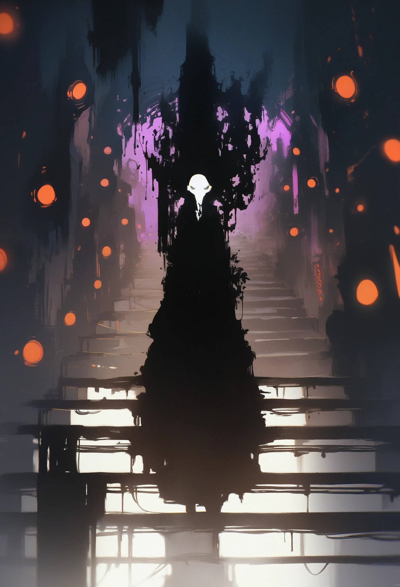 (score_9, score_8_up, score_7_up), zPDXL, 1 shadow, alone, looking at viewer, subway exit background, cyberpunk, abstract dark body, glowing white eyes, black face, black body, full body, his entire black body disembodied, going up the stairs, organic shadow, crows, humanoid figure wrapped in shadows, sinister and threatening figure, glowing eyes stand out in the darkness, almost amorphous dark silhouette, going up stairs, background with pipes and cyberpunk signs, ethereal almost liquid texture, it was made of a dark, viscous substance that drips and spreads, dark aura, black claws, seen from above,