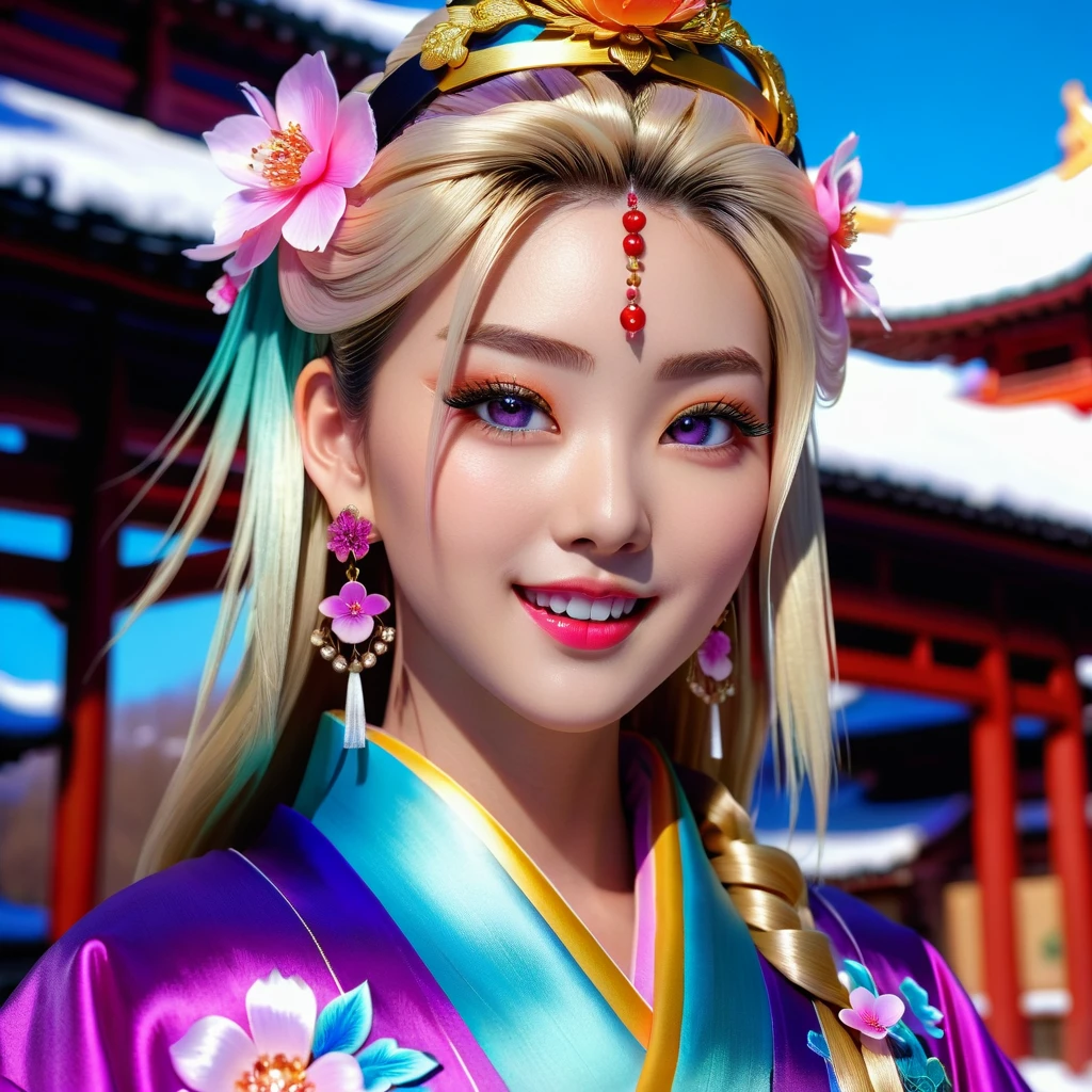 Bright purple Taoist robe, Hanfu long skirt, big eyes, masterpiece absolute beauty, 1 woman, close-up. Close-up, healing smile, snow scene, 32K picture quality, twisted braid, princess hairstyle princess cut, simple hair accessories, plum blossoms, people can't forget the beauty when they see it,unparalleled girl RAW photoreal, a close up portrait photo of 20 y.o, insane realistic,shirt,jacket, cyberpunk, spiked hair,brown yellow jacket, background is city ruins, (high detailed skin:1.2), dslr, soft lighting, high quality, film grain, Fujifilm XT3, highly detailed background,vintage, masterpiece, magnificent art, best quality, close-up girl nordic princess, Scandinavian mountains, winter weather, symmetrical and hyper detailed face, silky skin like peach silk, vibrant and aggressive turquoise-eyes,blush,perfect illumination,upper body,3DMM,blonde hair,jewelry,gradient pink background,pink frange dress,earrings,tourmaline dress,realistic,necklace chain,looking at viewer,tiara,pink lips,big smile,unrealengine5,side lighting,detailed face,bangs,bright skin, kunzite and messy hair up to the waist, sculptural body, (sparks: 0.7), Adobe Illustration, Trand on Artstation, 32k, cold and soft lighting, --v 6 --s 1000 --c 20 --q 500 --chaos 100