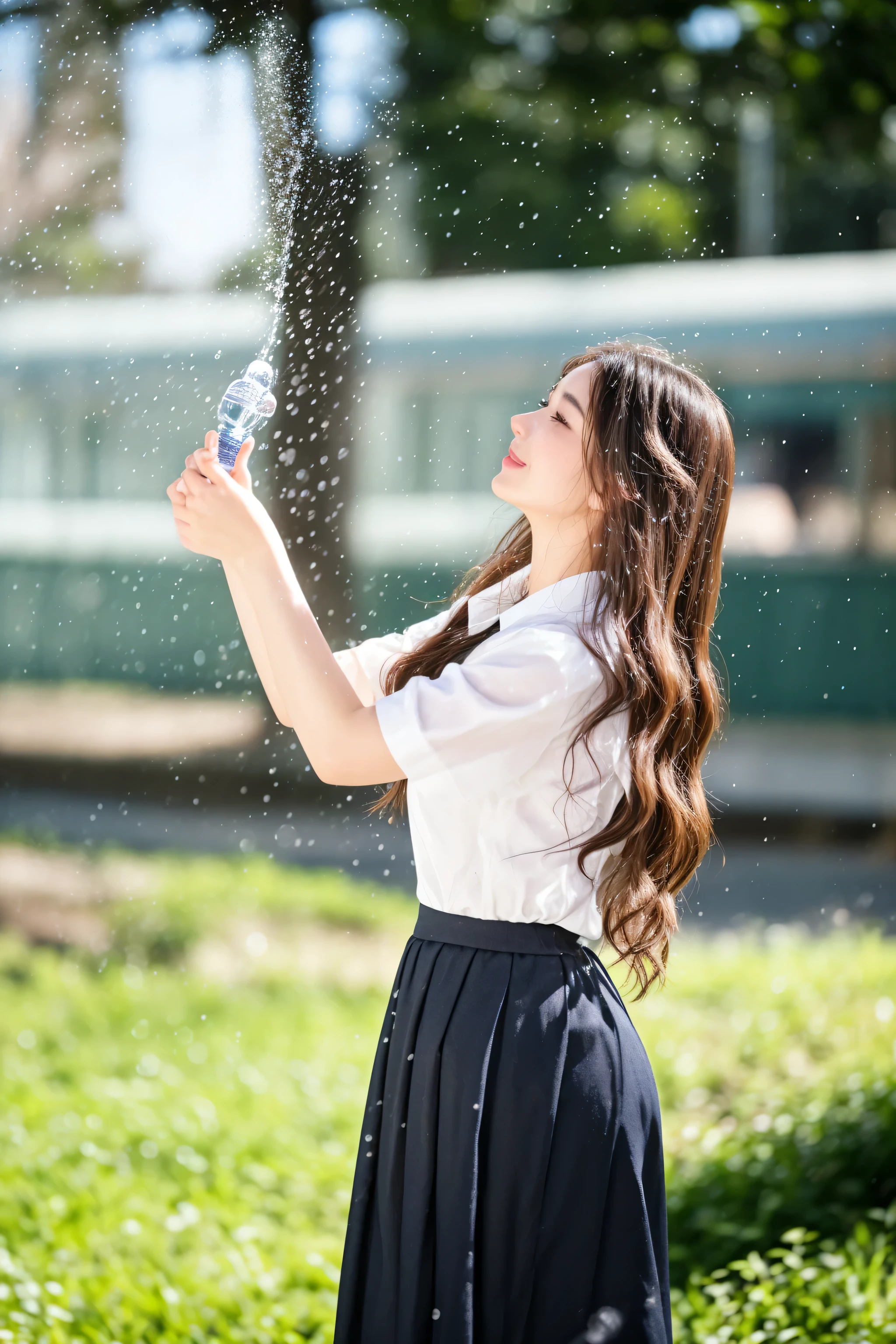 araffe girl in a skirt spraying water on her face, water spray, shutterstock, there is water splash, pretty girl standing in the rain, wearing a dress made of water, bubbles in the air, closeup portrait shot, high school, girl, stock photo, summer rain, full res, wearing japanese , cutest, having fun, student