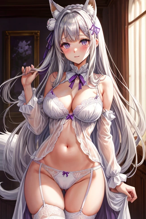 Emilia Les:zero, Gray Hair, white crown goodid, Purple ribbon on hair, white flowers on hair, White Lingerie, x Hair accessories, Purple eyes, Long Hair, Medium chest, Fox Ears, Fox Girl, One girl, alone, 

(masterpiece:1.1), (Highest quality:1.1), (Very detailed:1.1), (figure:1.1), Medium chest, One piece lingerie, good, panties, Camel Toe, lacy White Lingerie, Cleavage cutout, abdomen, View your viewers, Cowboy Shot, blush