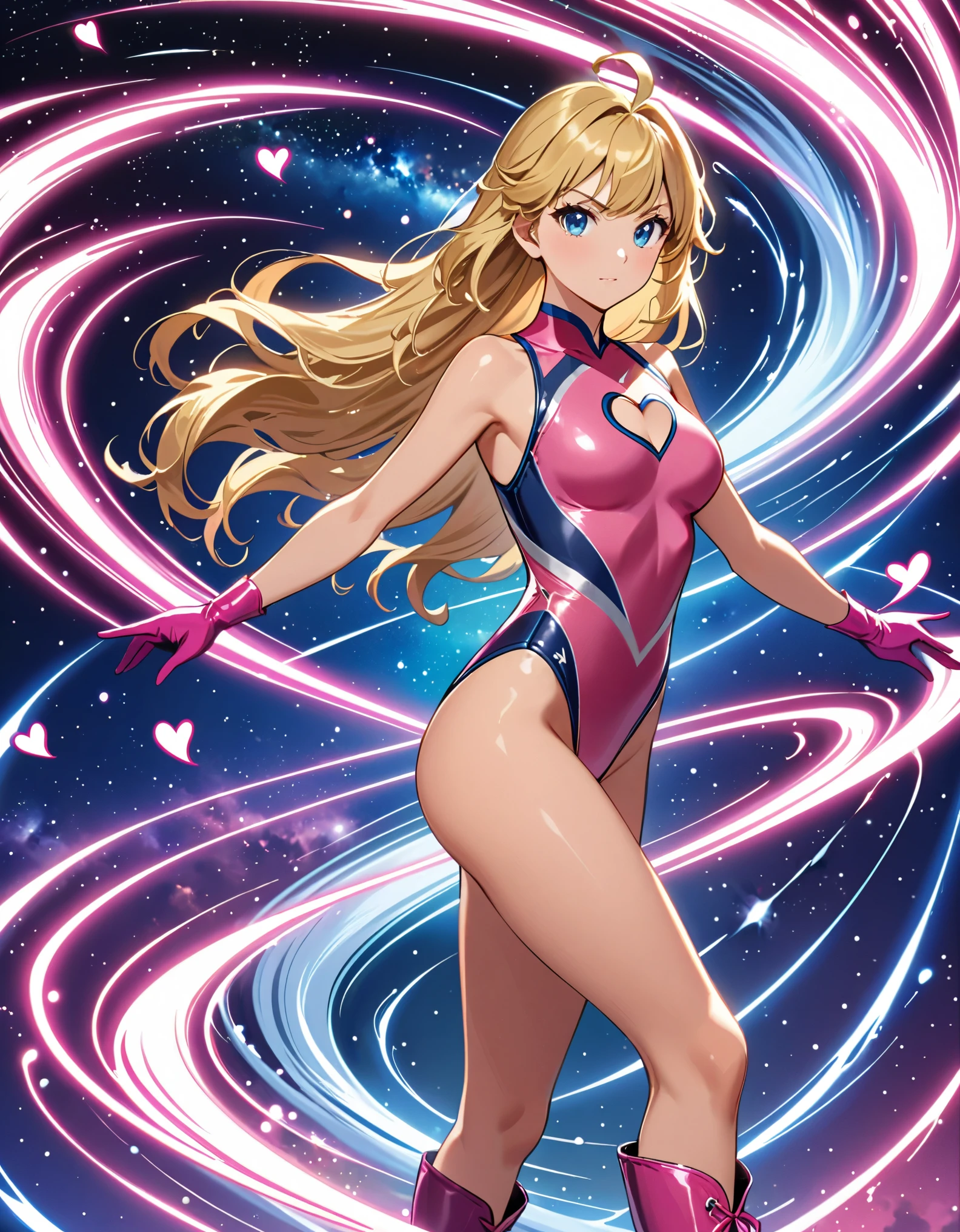 (masterpiece), (best quality), (high res), 1girl, solo, solo focus, superhero, gymnast leotard, competition swimsuit, bare legs, matching boots, sleeveless, looking at viewer, perfect hands, perfect eyes, perfect leotard, perfect legs, perfect arms, perfect fingers, medium breasts, pink leotard, (blonde hair), long hair, knee boots, blue eyes, ((heart cutout)), cute face, hair down, bangs, ahoge, sleeveless, pink gloves, pink footwear, (cleavage cutout, serious, full body with costume, cowboy shot, space backdrop. (T-pose, legs together). (spins fast in place like a tornado, whirls fast in place like a tornado, tornado whirling, spiral lines around her, spinning energy pulse around her, storm winds around her, whirls into a tornado, (she whirls) in (super speeds)). full body costume design. curved sword slash. she super-spins. time travel, time warp.
