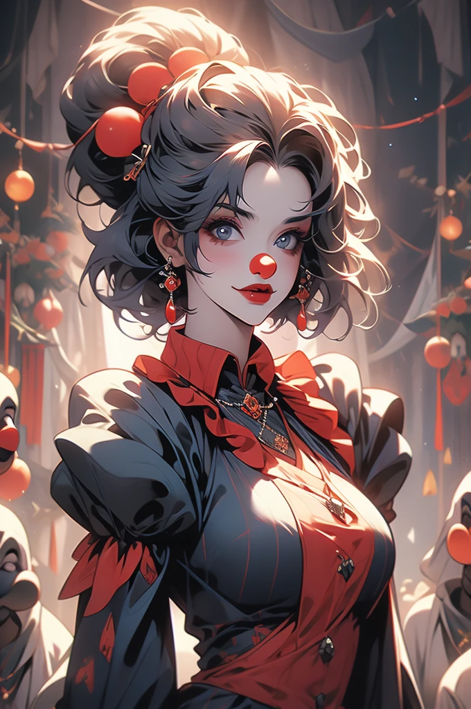1girl, medieval jester, clown, clumsy, sinister, large breasts