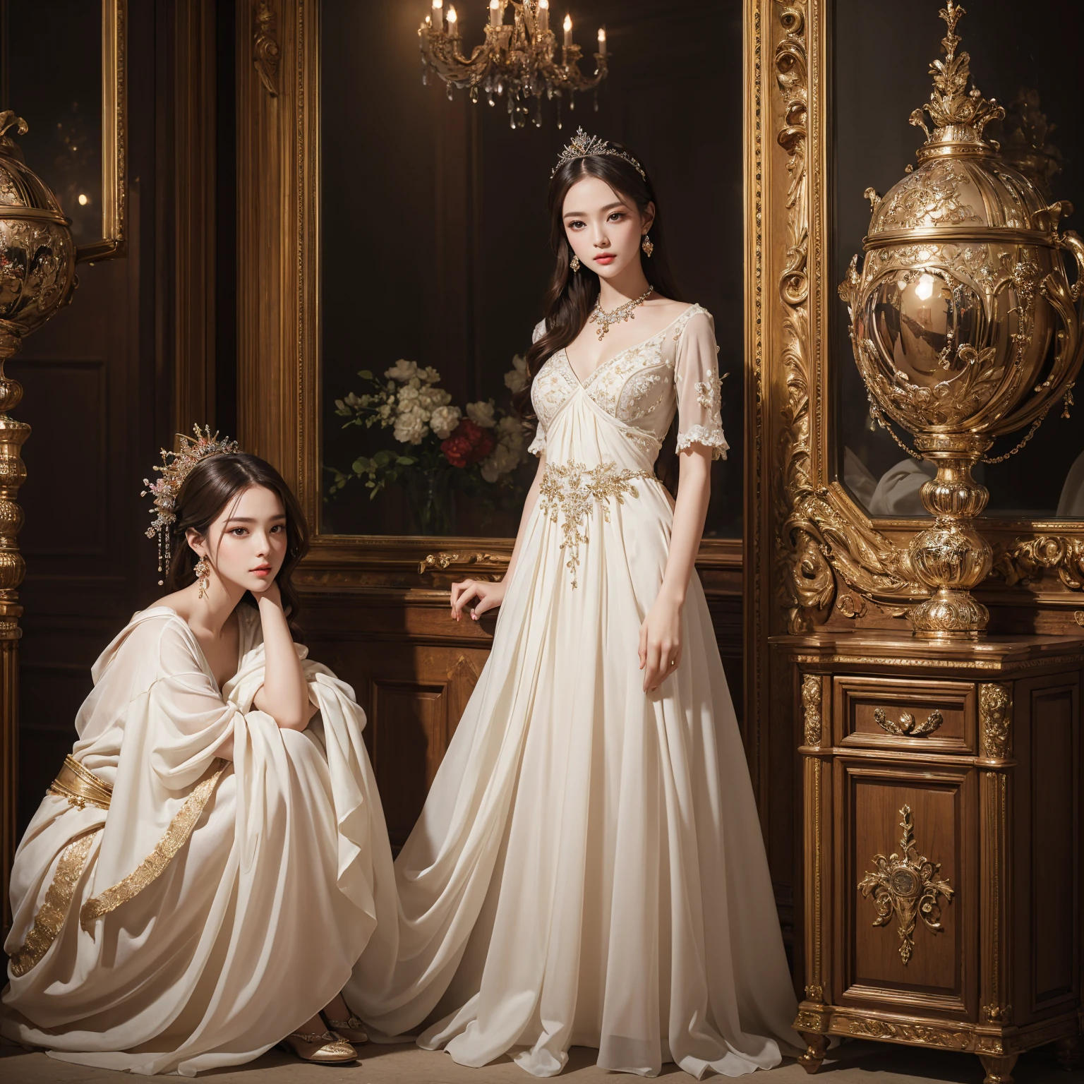 (masterpiece, highest quality:1.5), ultra detailed, high resolution, 16k, the most beautiful face in the world, highly detailed beautiful face and eyes, shiny skin, fine cloth texture, perfect anatomy, BREAK, the incarnation of beauty, goddess of beauty, gorgeous and stunning princess, perfect make-up, deeply in love, full of elegance. solo, (full body:1.4)