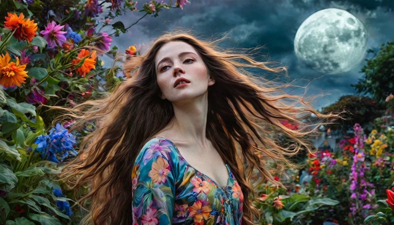 best quality, highres, ultra-detailed, realistic, pale-skinned woman with long flowing hair, elaborately painted with oil colors, posing gracefully in a surreal garden, surrounded by vibrant and colorful flowers and plants, with a dark and ominous sky overhead, perfectly lit by the fading light from a full moon, capturing the fragile beauty of life and the inevitability of death