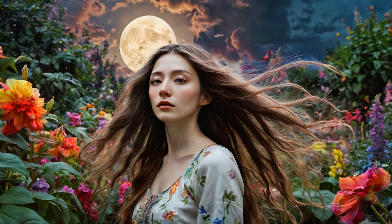 best quality, highres, ultra-detailed, realistic, pale-skinned woman with long flowing hair, elaborately painted with oil colors, posing gracefully in a surreal garden, surrounded by vibrant and colorful flowers and plants, with a dark and ominous sky overhead, perfectly lit by the fading light from a full moon, capturing the fragile beauty of life and the inevitability of death